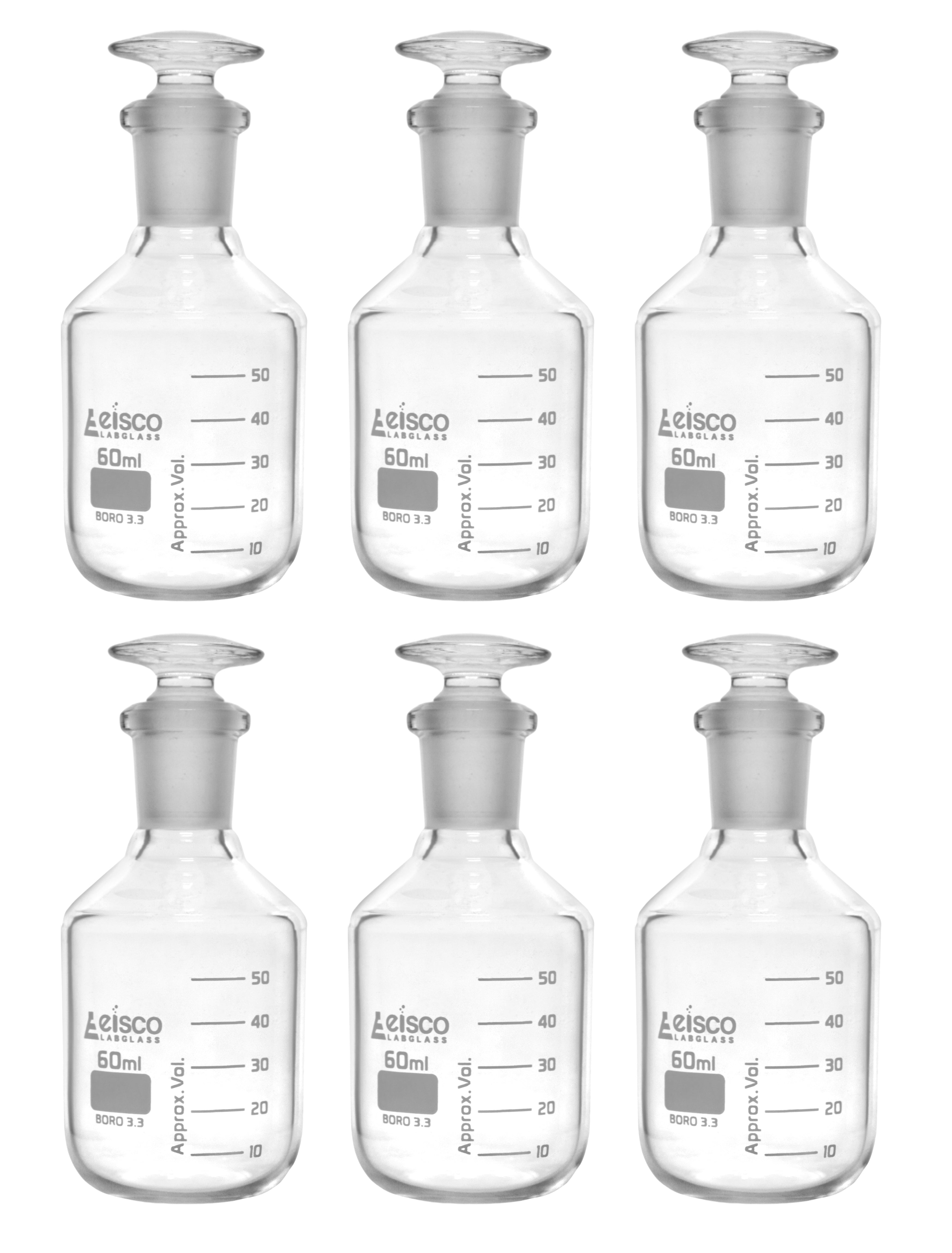 Graduated Narrow Mouth Borosilicate Glass Reagent Bottle with Glass Stopper, 6-Pack