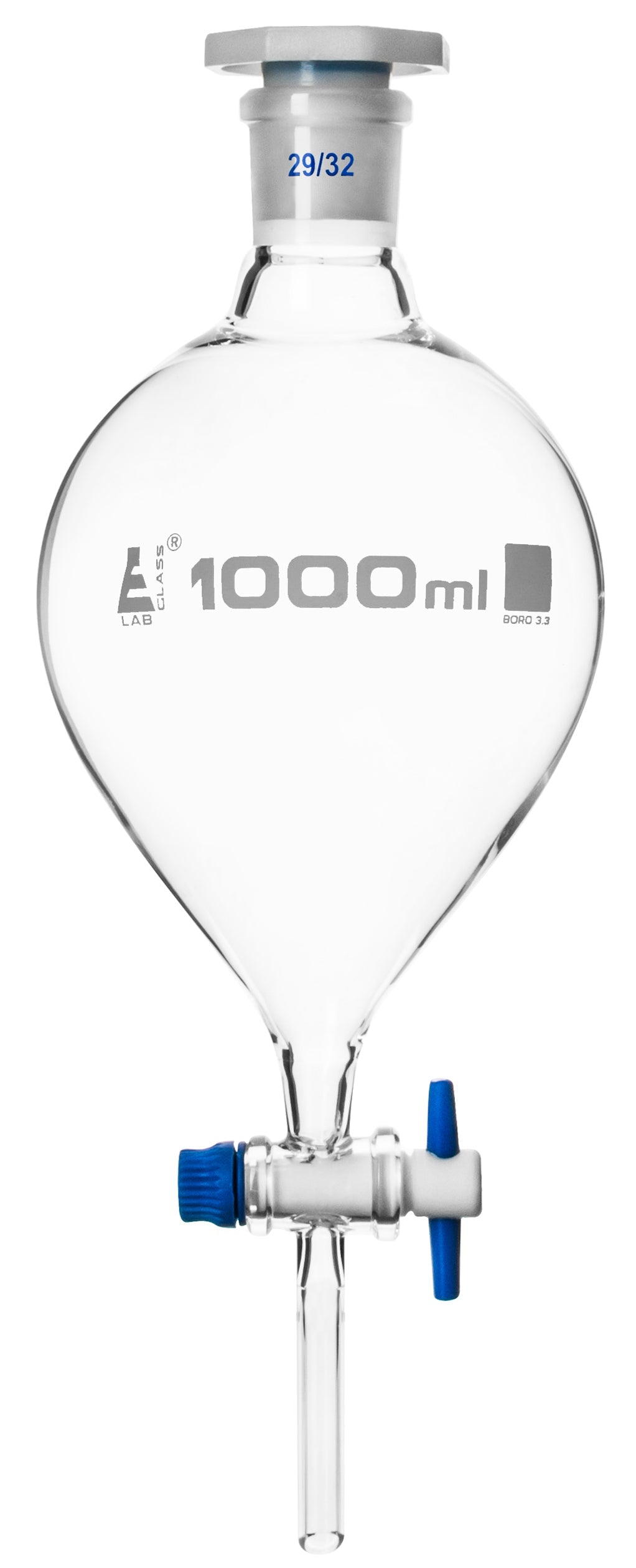 Dropping Funnel, 1000mL - Pear-Shaped - With 29/32 Plastic Stopper & PTFE Key Stopcock - Borosilicate Glass