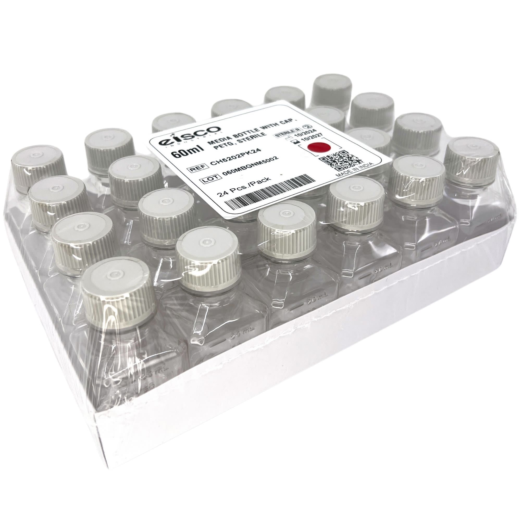 Square Sterile PETG Media Bottle with HDPE Cap, Leak-Proof, 24-Pack