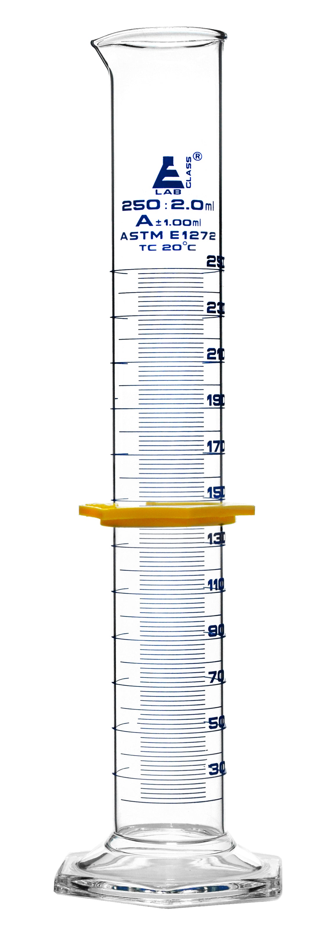 Class A Borosilicate Glass Graduated Cylinder with Protective Collar, Blue Graduations