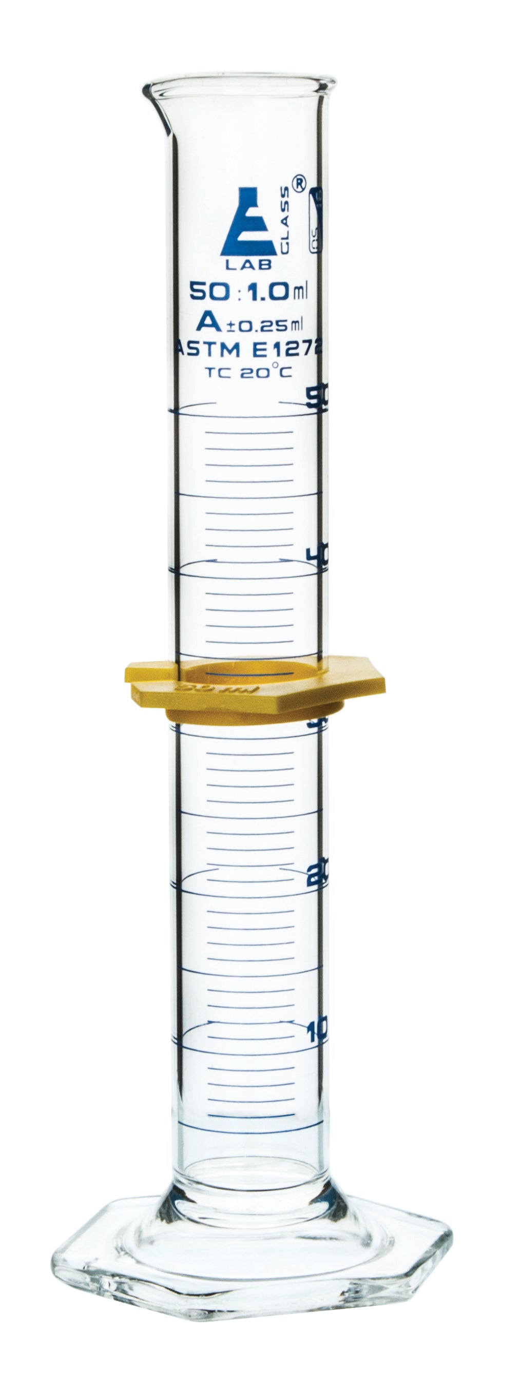 Class A Borosilicate Glass Graduated Cylinder with Protective Collar, Blue Graduations