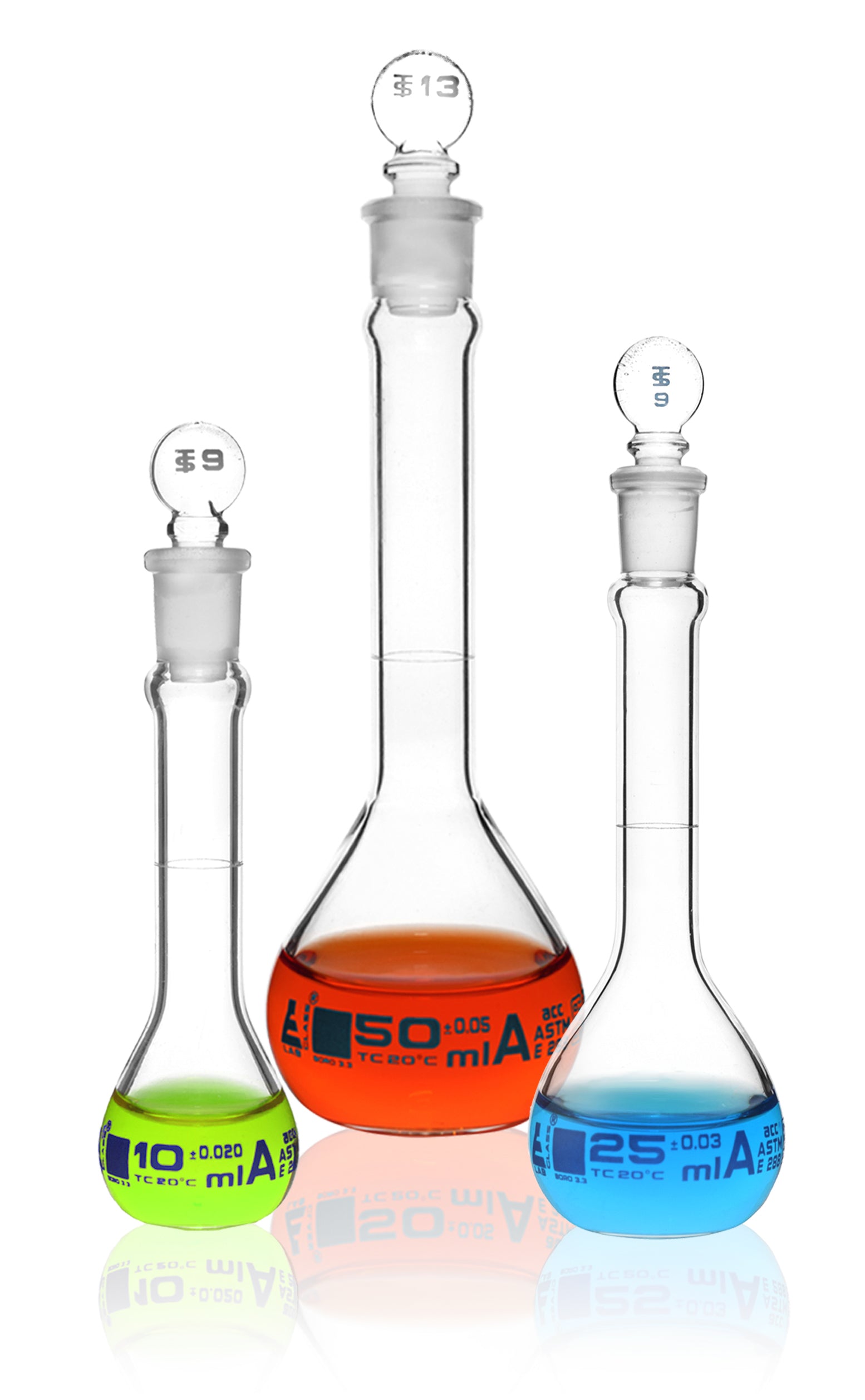 Class A Borosilicate Glass Volumetric Flask Set, 3-Piece, 10-50mL