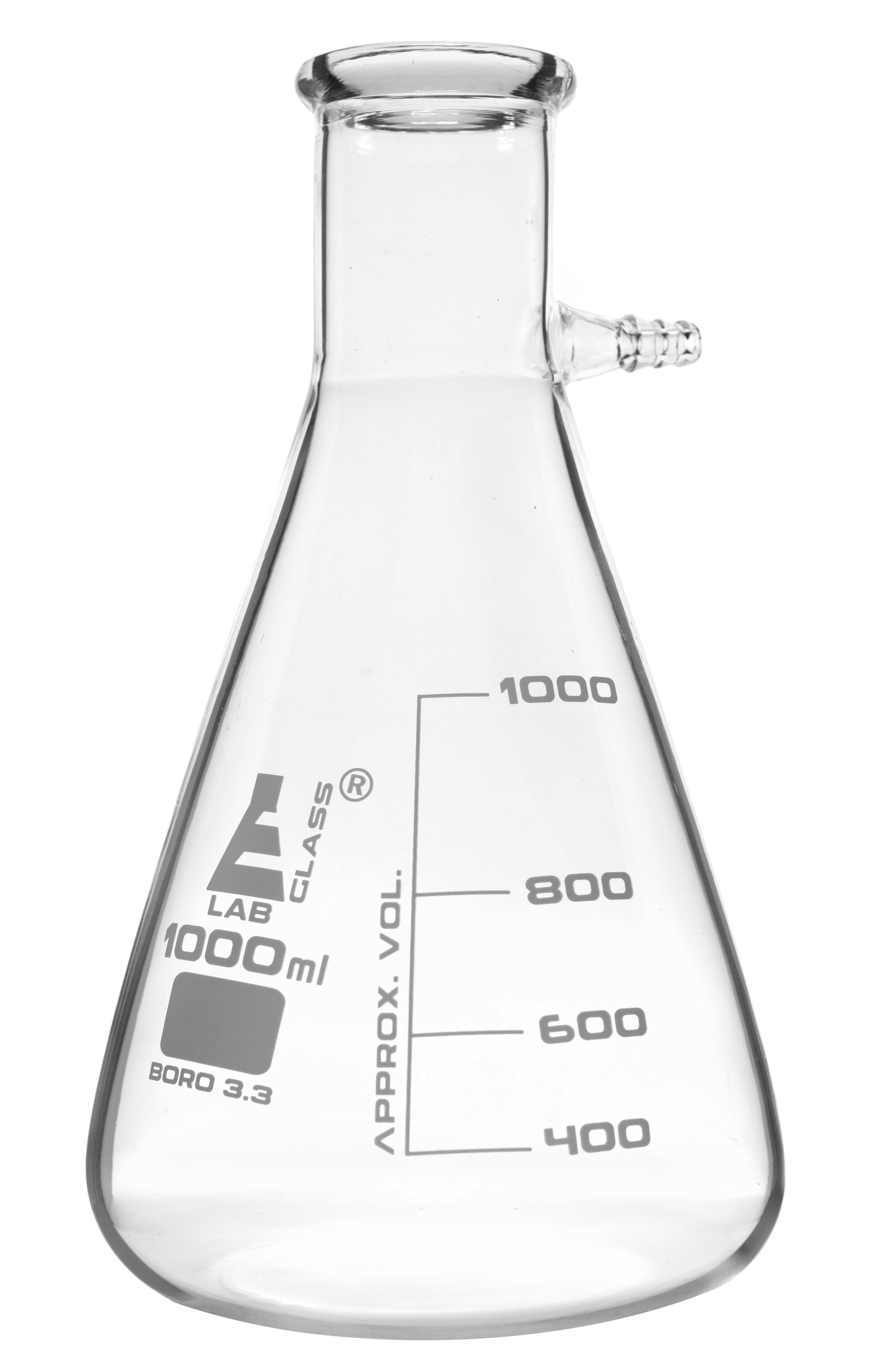 Conical Filtering Flask with Integral Side Arm, 1000mL, White Graduations, Borosilicate Glass