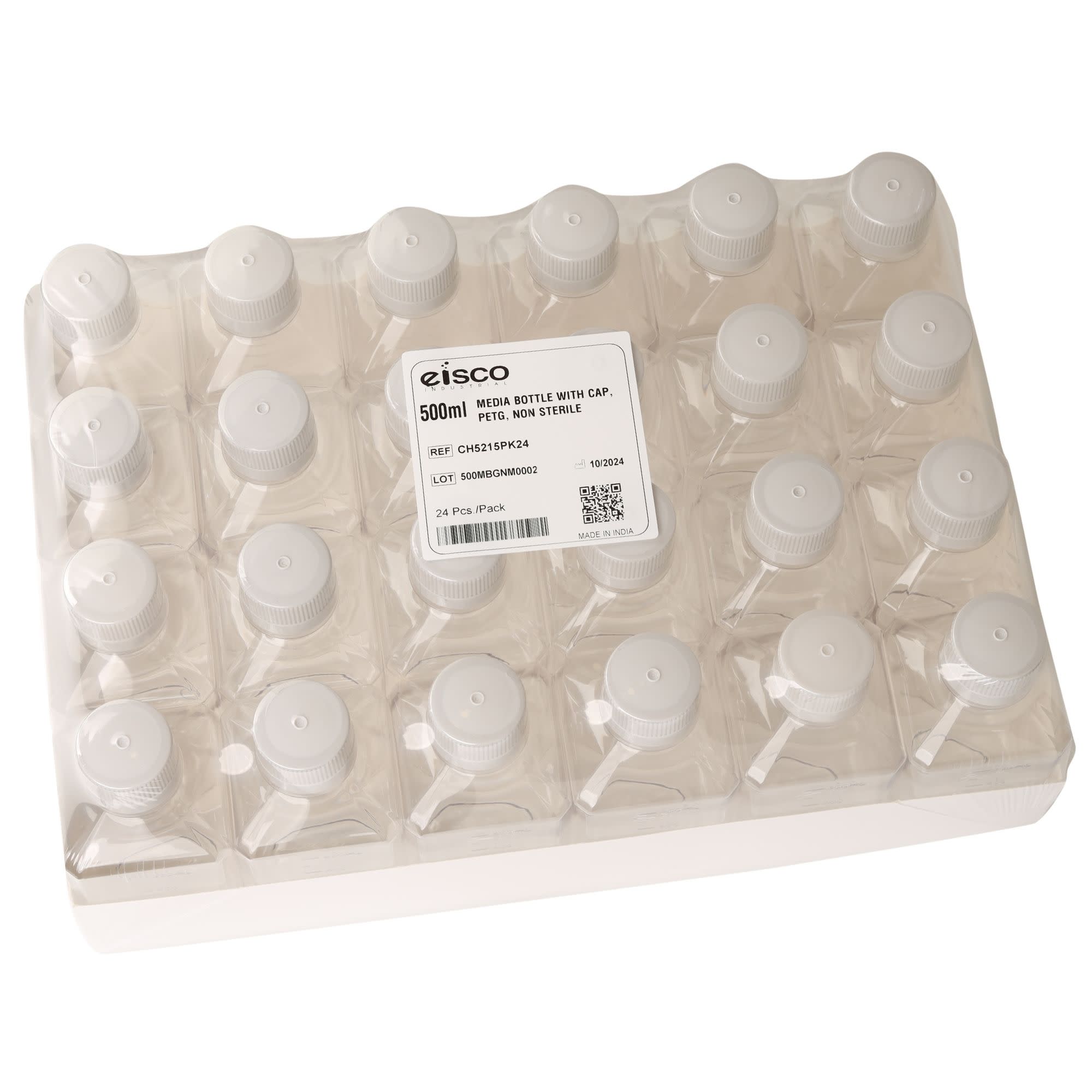 Square PETG Media Bottle with HDPE Cap, Non-Sterile Leak-Proof, 24-Pack