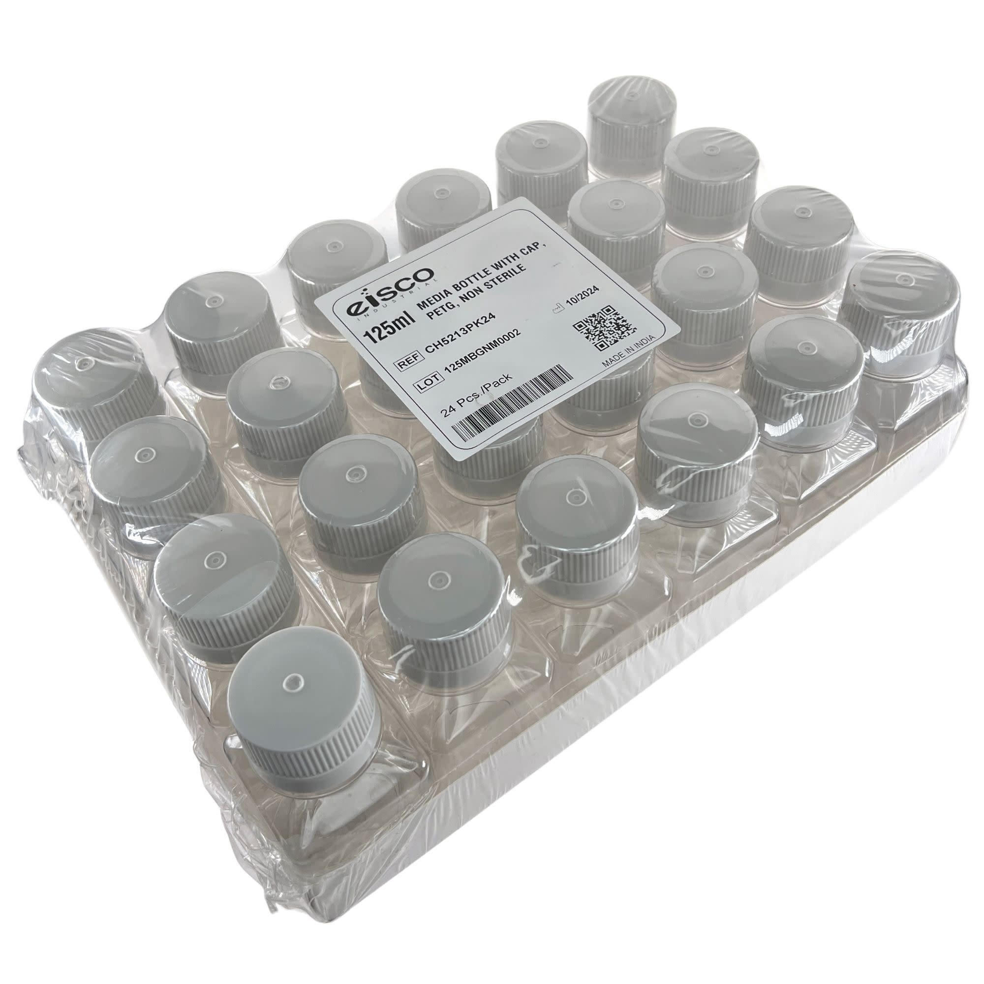 Square PETG Media Bottle with HDPE Cap, Non-Sterile Leak-Proof, 24-Pack