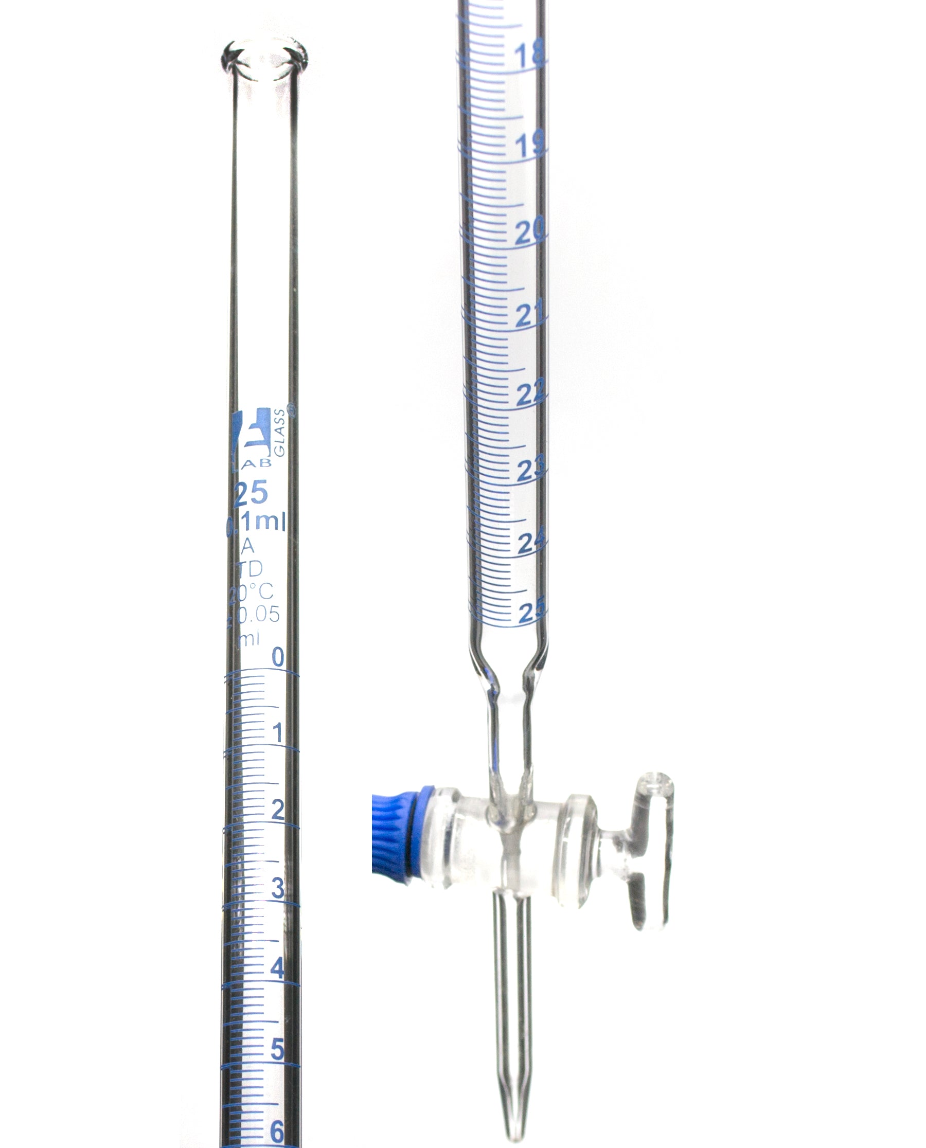 Class A Burette with Glass Key Stopcock, 25mL, 0.1mL Graduations, 22.5 inch, Borosilicate Glass