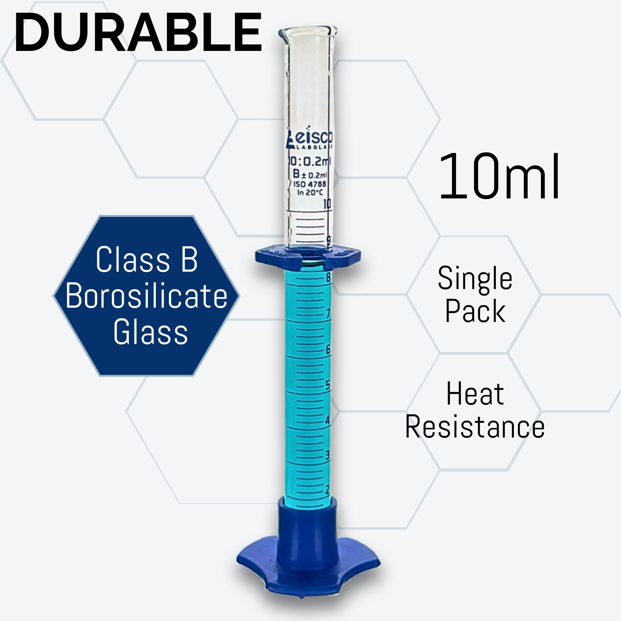 Graduated Cylinder with Hexagonal Base and Plastic Guard, 10mL, 0.2mL Graduations, Borosilicate Glass