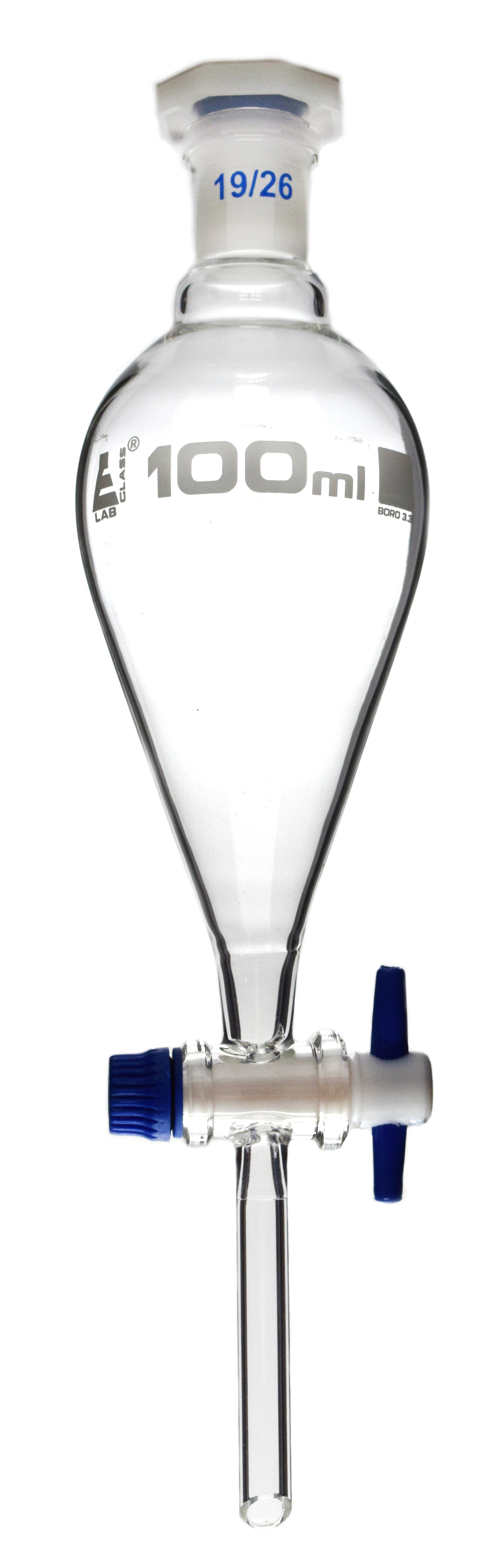 Dropping Funnel, 100mL - Squibb - With 19/26 Plastic Stopper & PTFE Key Stopcock - Borosilicate Glass