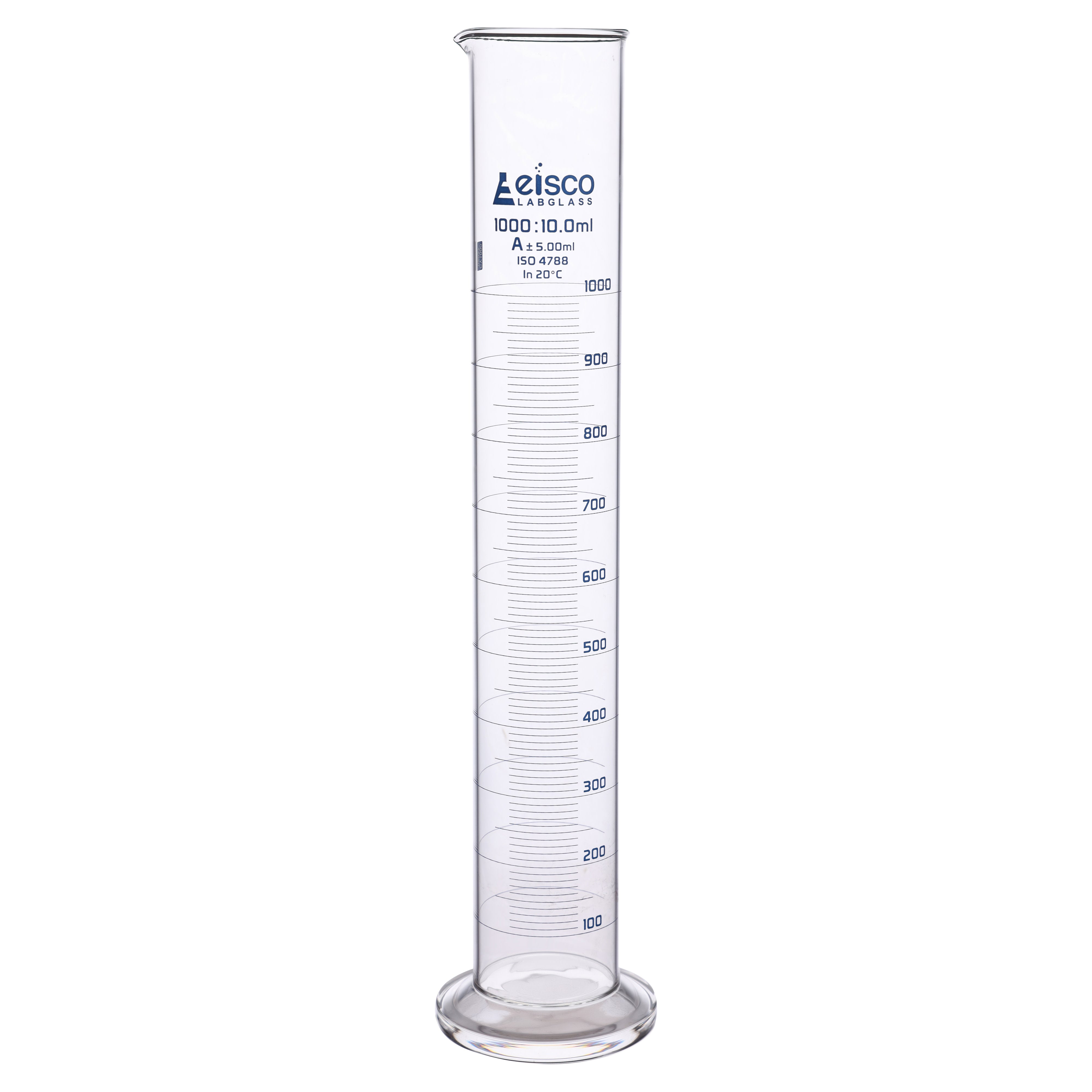 Class A Borosilicate Glass Graduated Cylinder with Round Base, Blue Graduations