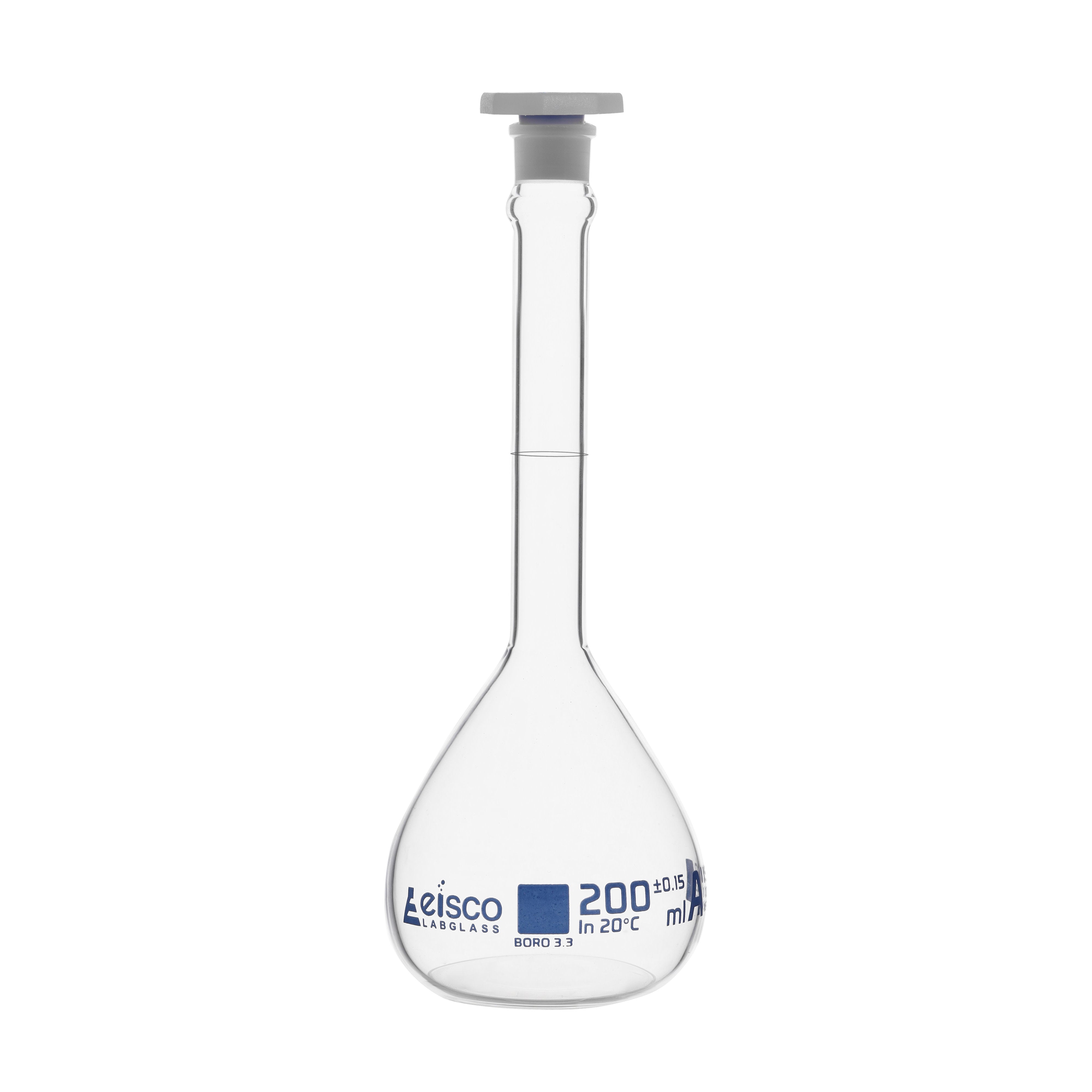 Class A Borosilicate Glass Volumetric Flask with Polypropylene Stopper, White Graduations