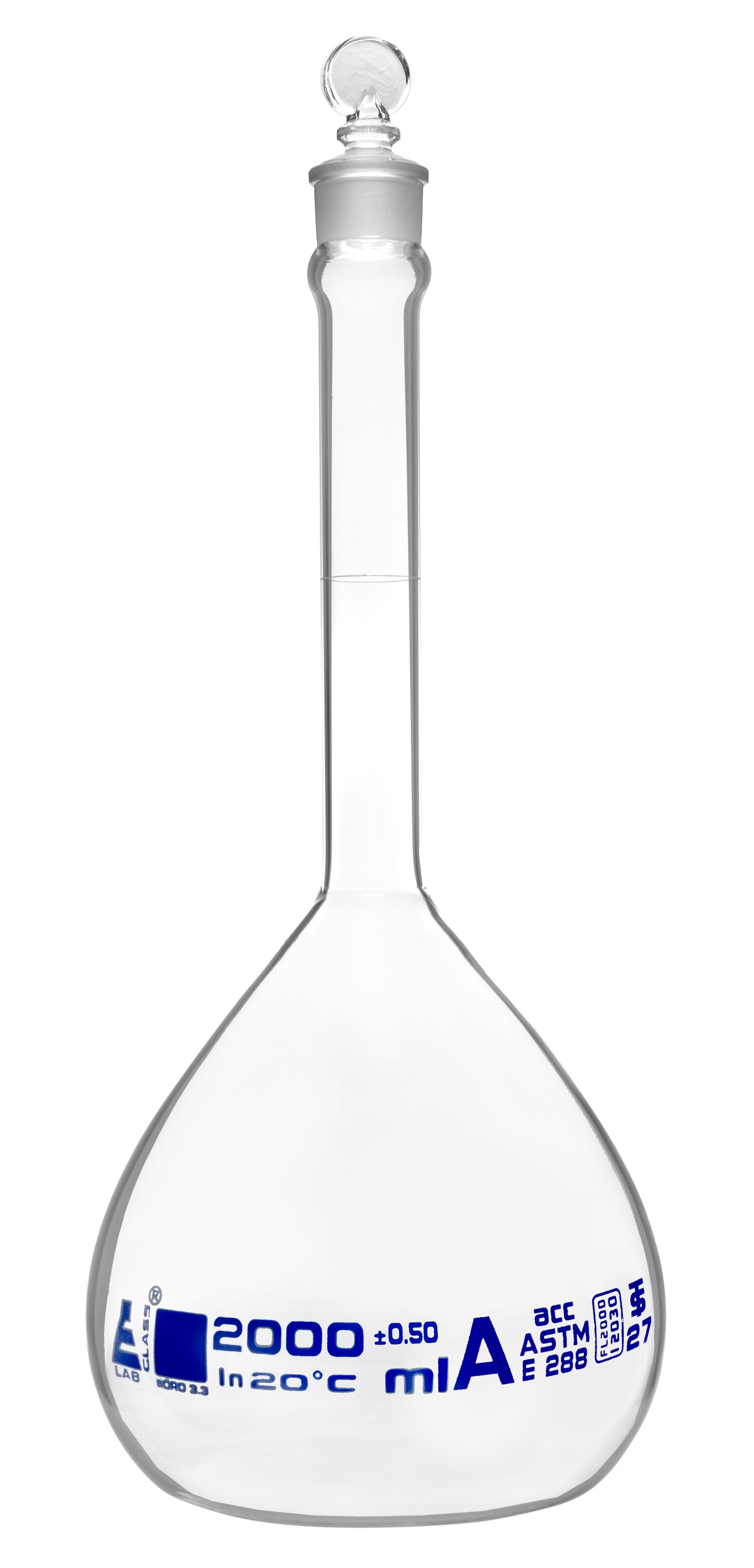 ASTM Class A Borosilicate Glass Volumetric Flask with Glass Stopper, Blue Graduations