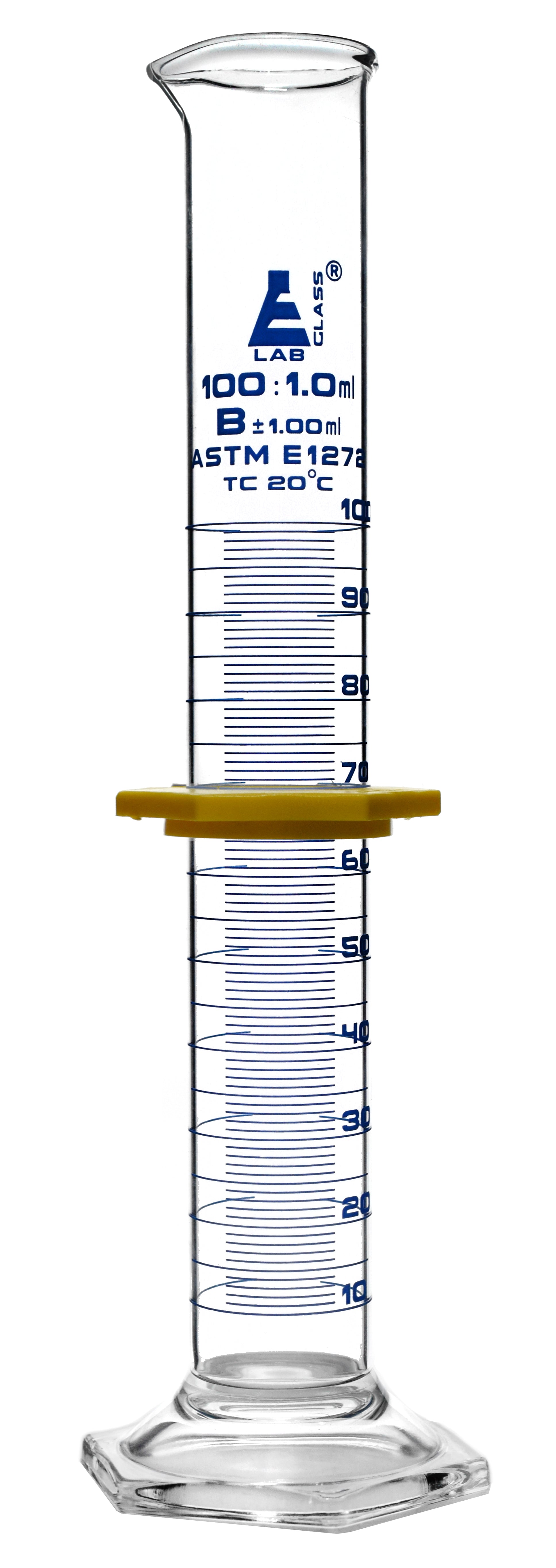 Class B Borosilicate Glass Graduated Cylinder with Protective Collar, Blue Graduations