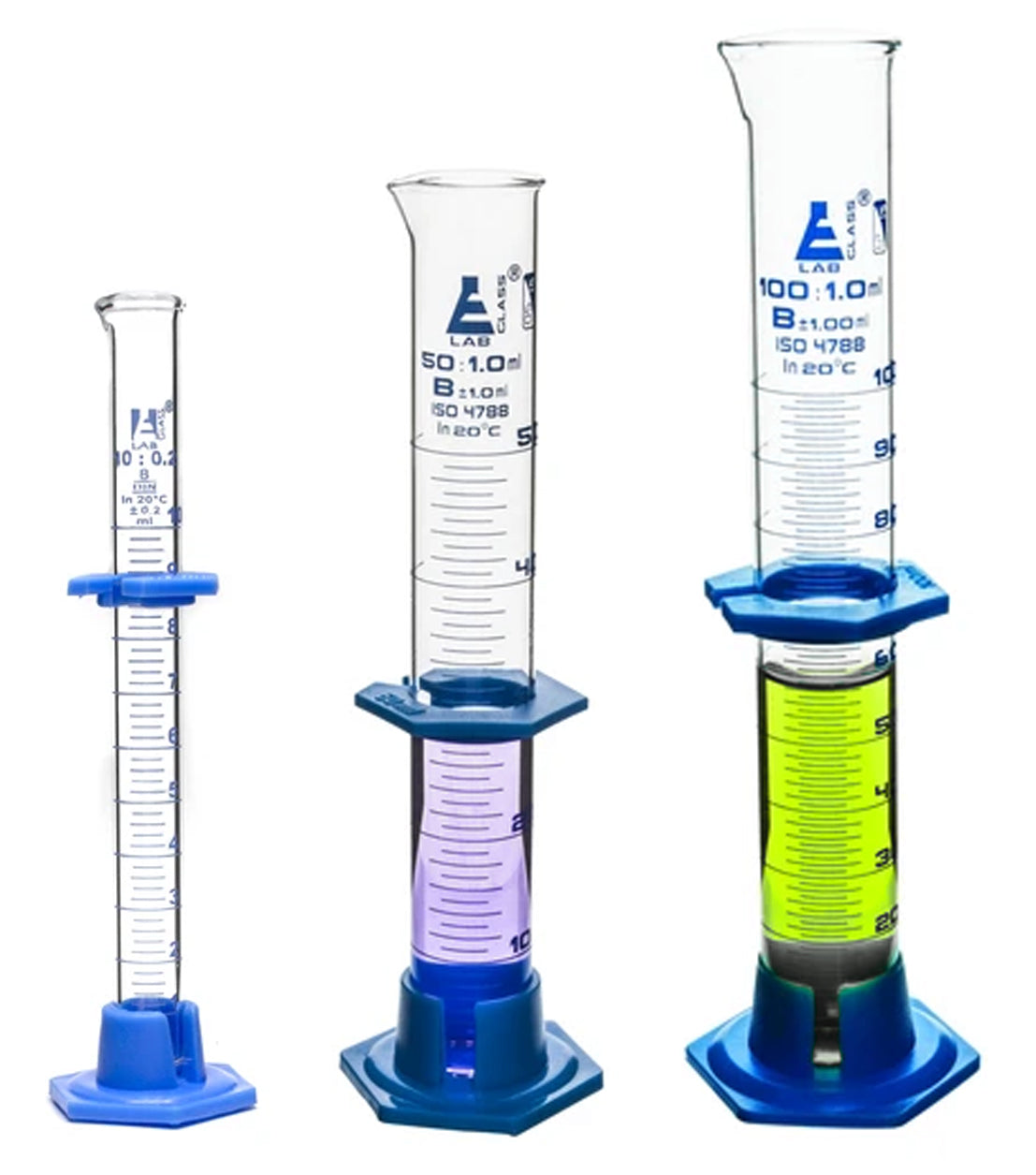 Class B 3-Piece Graduated Cylinder Set with Hexagonal Base and Protective Collars, 10-100mL, Blue Graduations, Borosilicate Glass