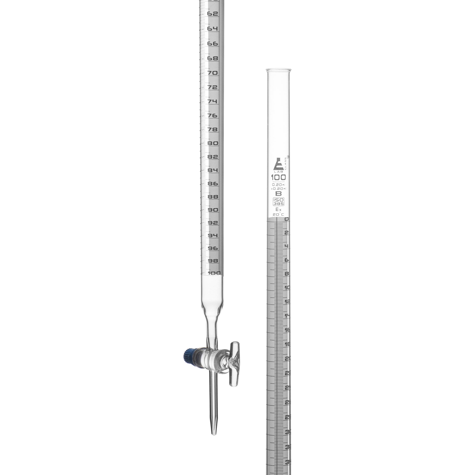 Class B Schellbach Borosilicate Glass Burette, White Graduations