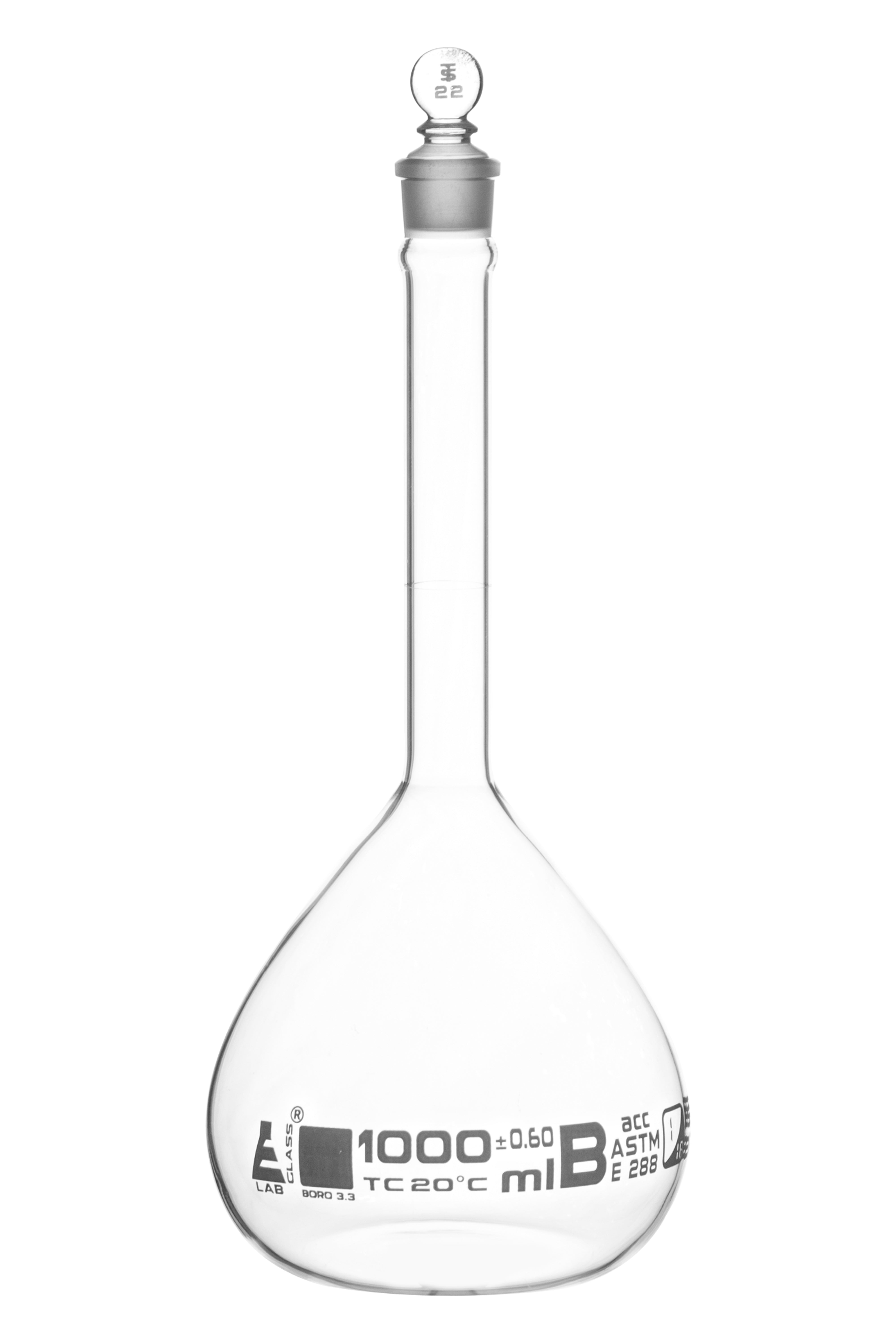 ASTM Class B Borosilicate Glass Volumetric Flask with Glass Stopper, White Graduations