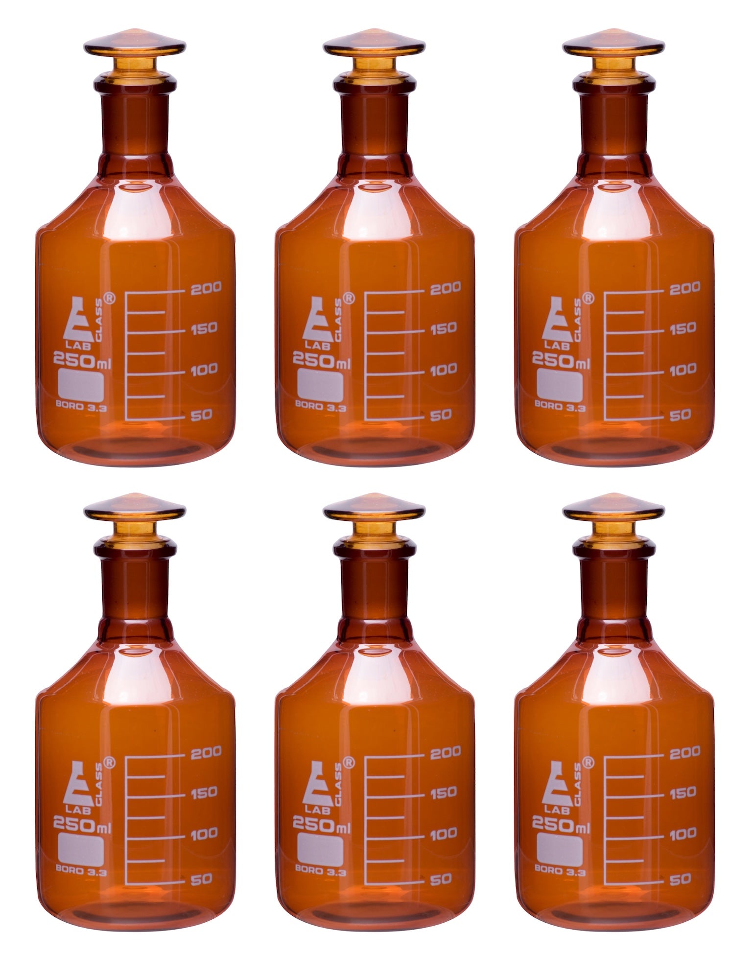 Graduated Narrow Mouth Amber Borosilicate Glass Reagent Bottle with Glass Stopper, 6-Pack