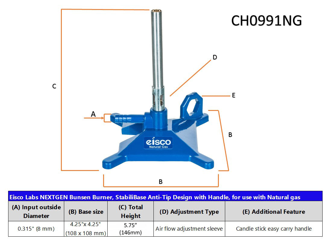 Natural Gas Bunsen Burner with Cast Iron StabiliBase and Air Flow Control
