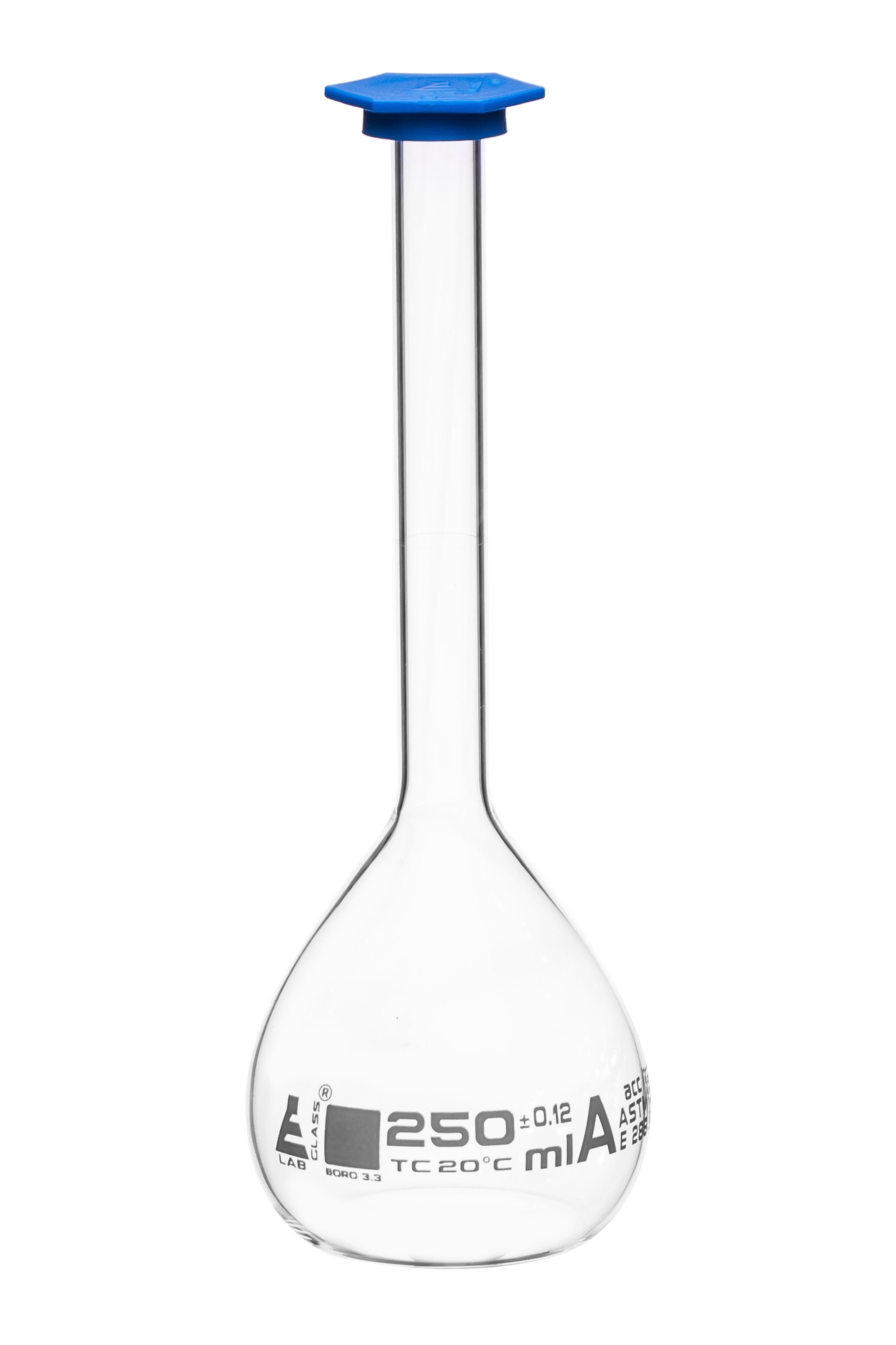 ASTM Class A Borosilicate Glass Volumetric Flask with Snap Cap, White Graduations