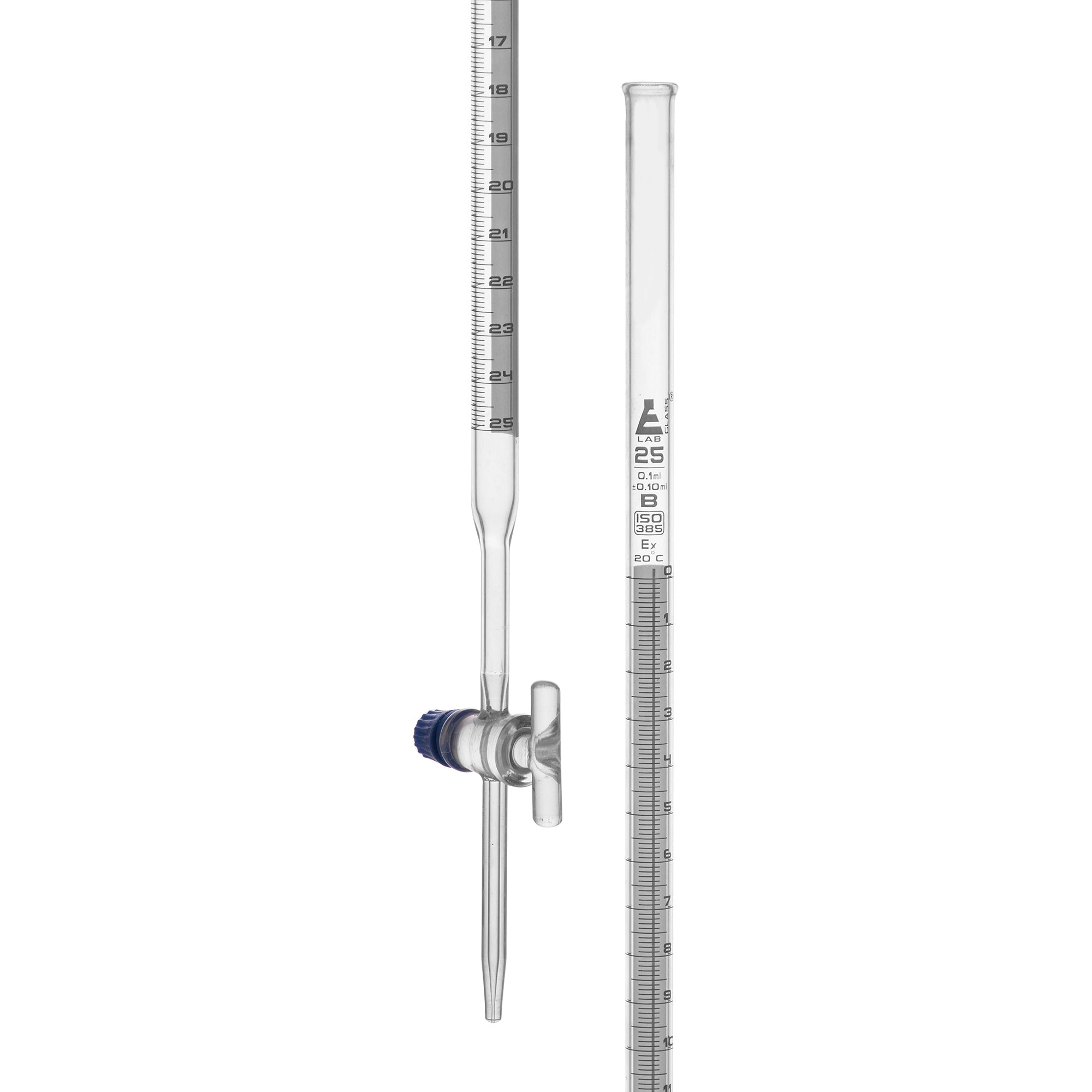 Class B Schellbach Borosilicate Glass Burette, White Graduations