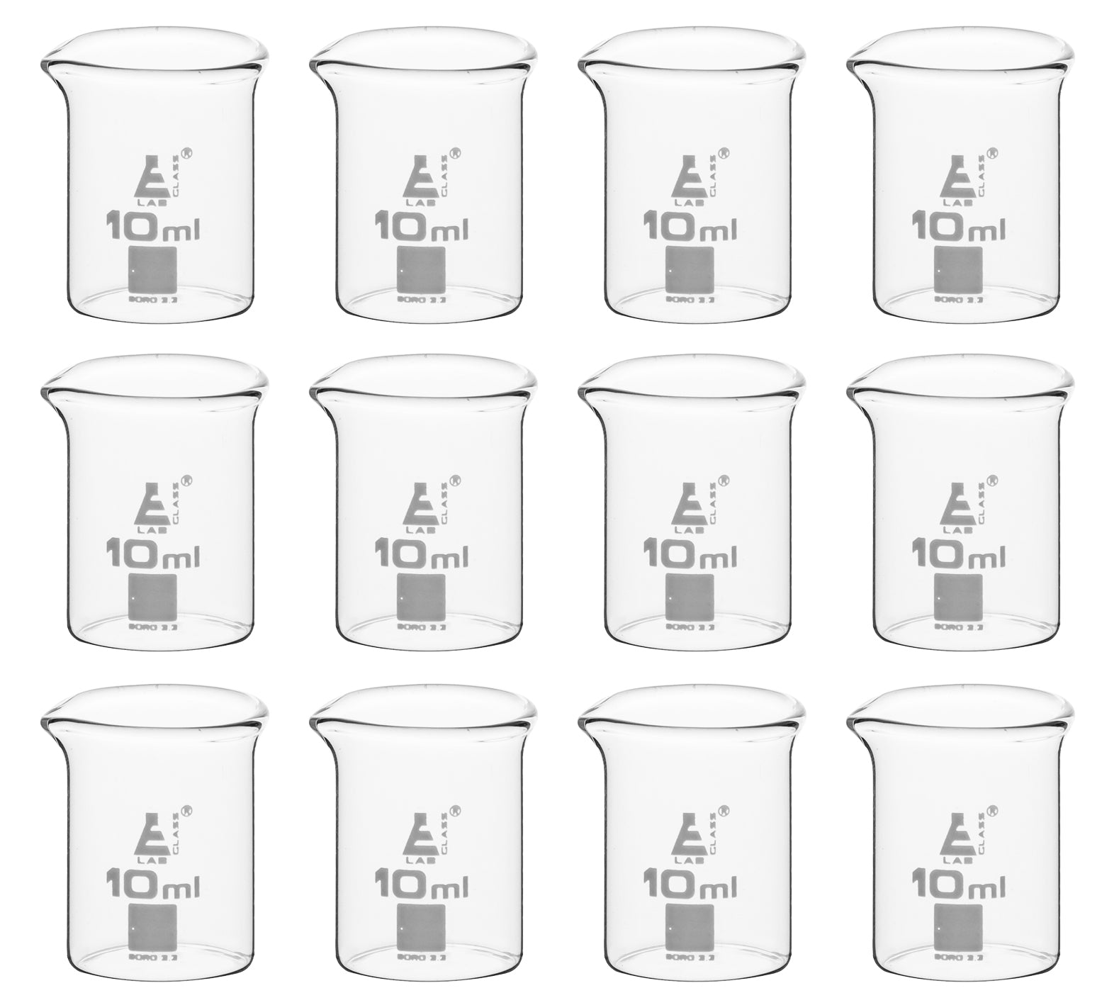 12-Pack Low Form Beakers with Spout, 10mL, Ungraduated, Borosilicate 3.3 Glass