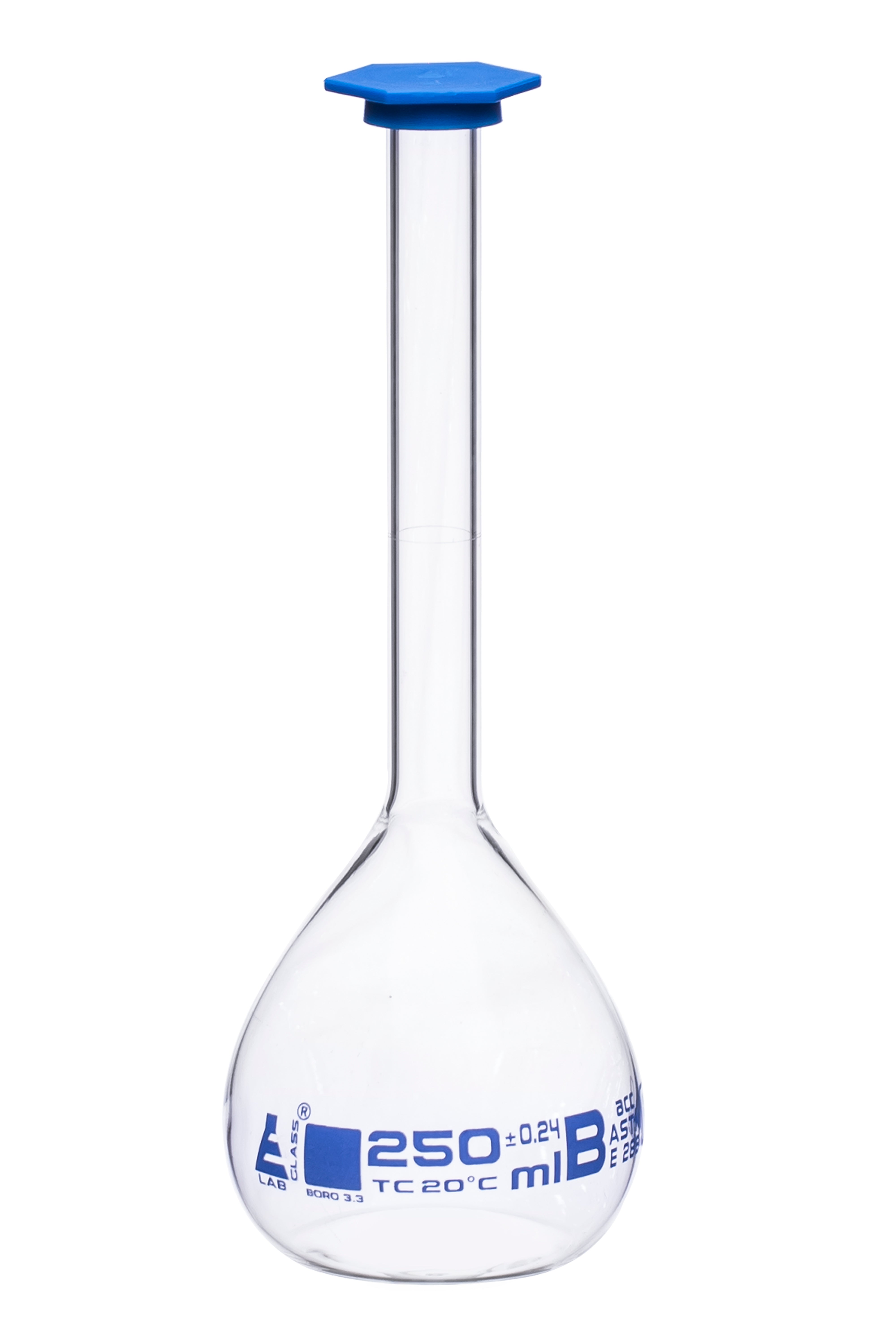 ASTM Class B Borosilicate Glass Volumetric Flask with Snap Cap, Blue Graduations