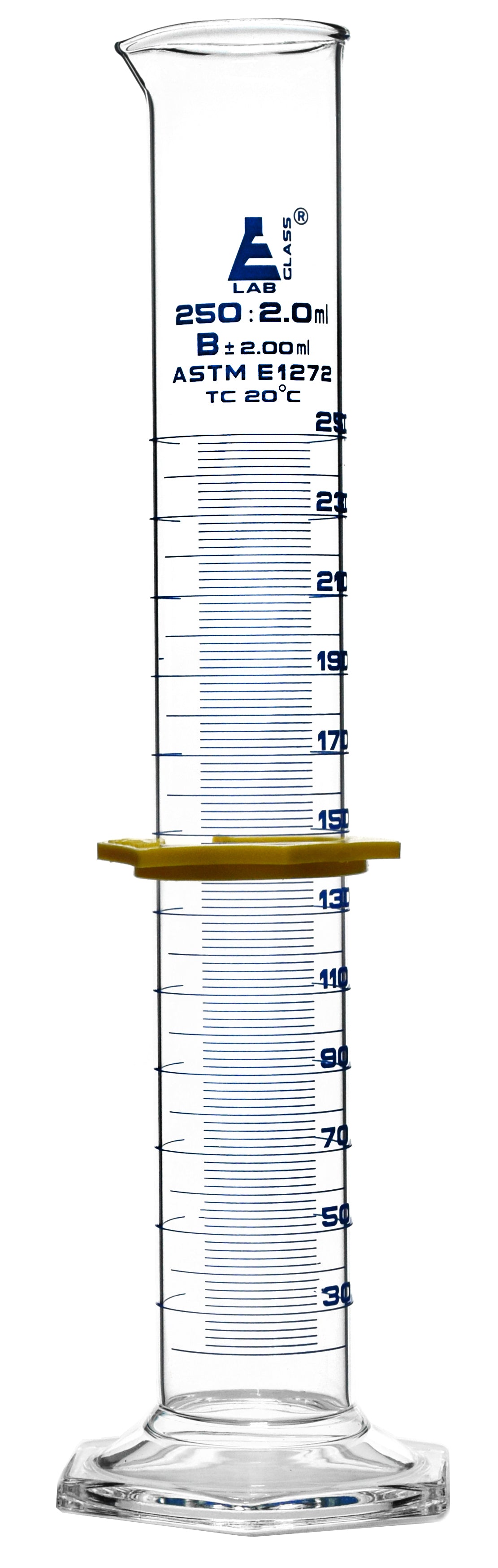 Class B Borosilicate Glass Graduated Cylinder with Protective Collar, Blue Graduations