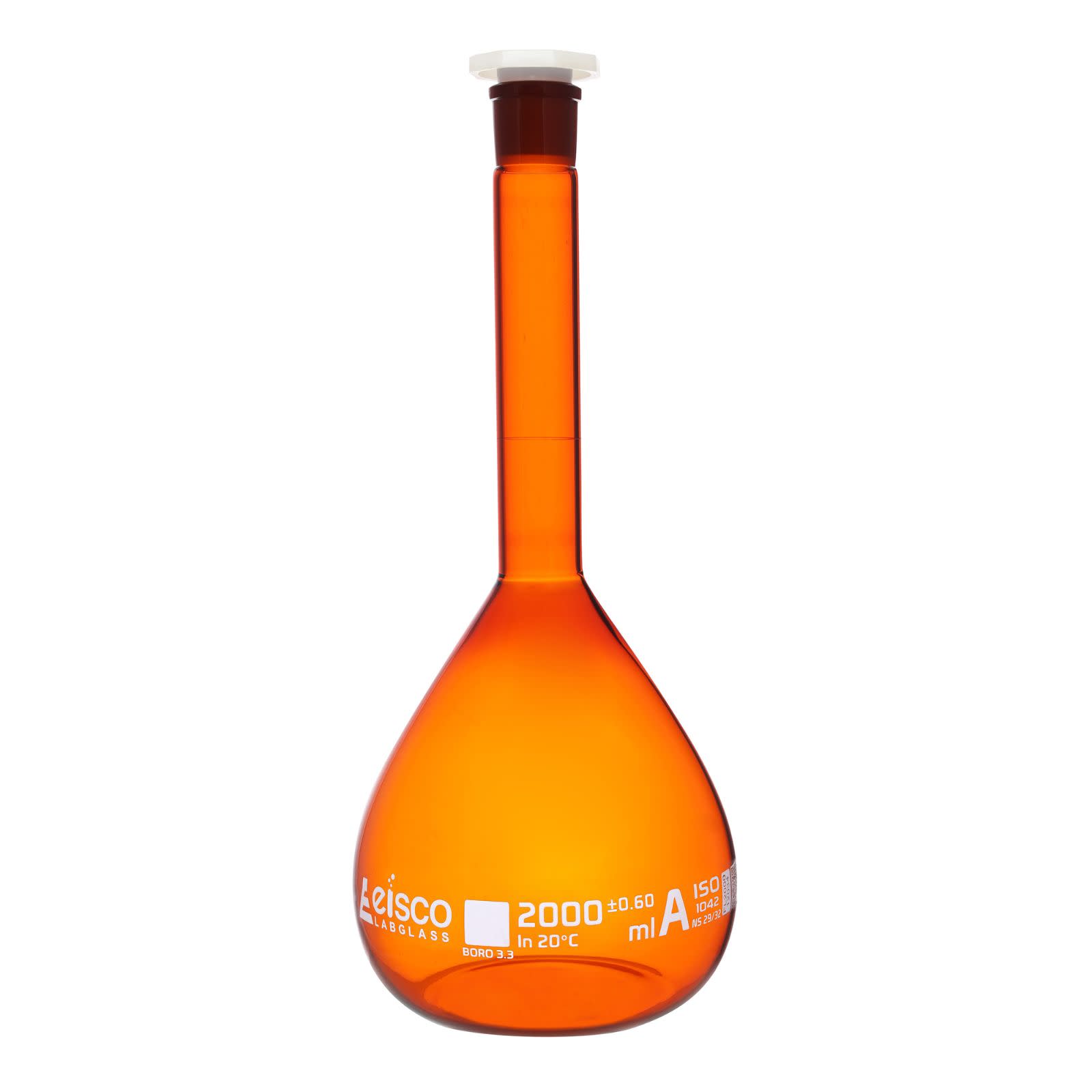 Class A Amber Borosilicate Glass Volumetric Flask with Polyethylene Stopper, QR Certificate