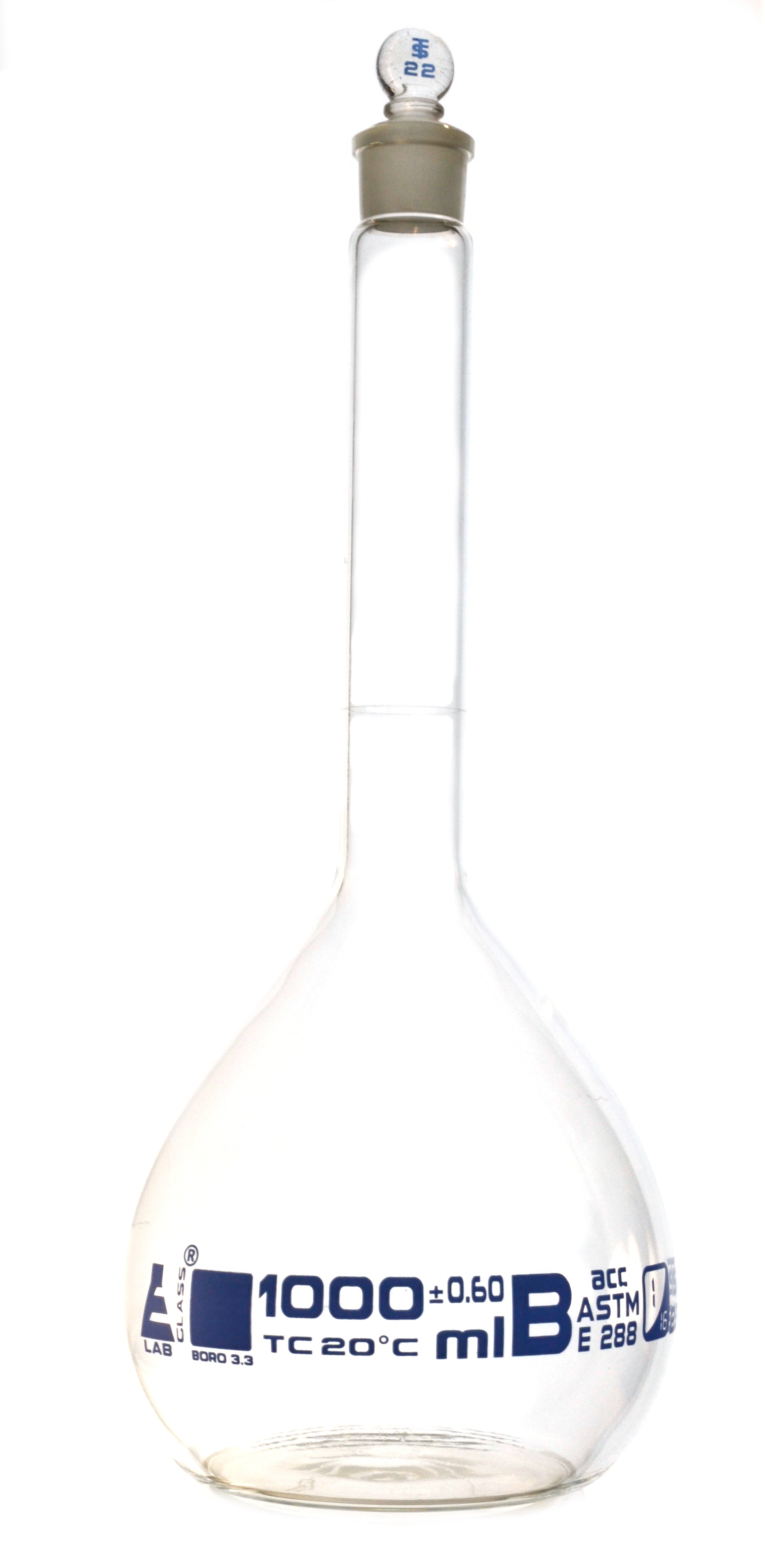 ASTM Class B Borosilicate Glass Volumetric Flask with Glass Stopper, Blue Graduations