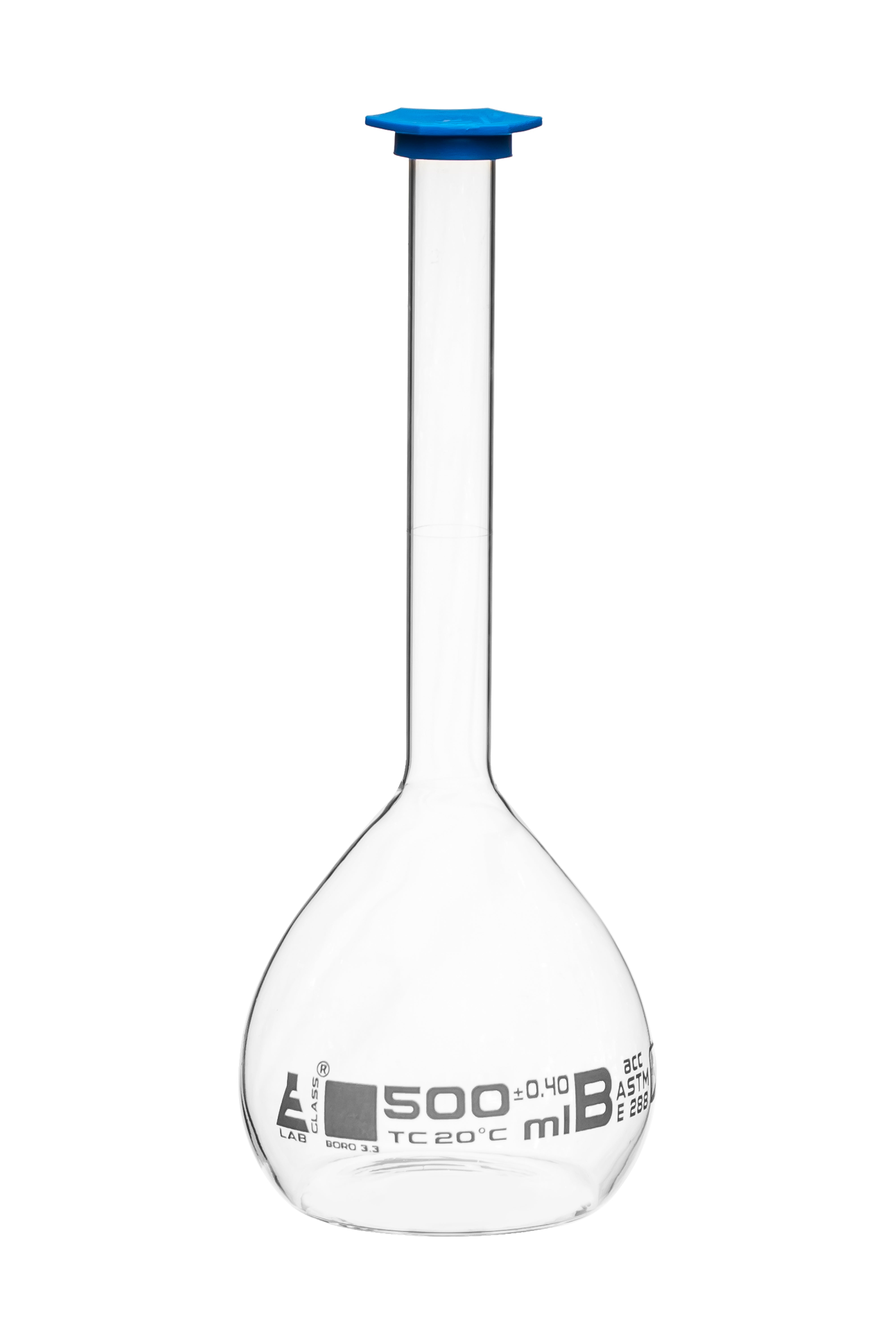 ASTM Class B Borosilicate Glass Volumetric Flask with Snap Cap, White Graduations