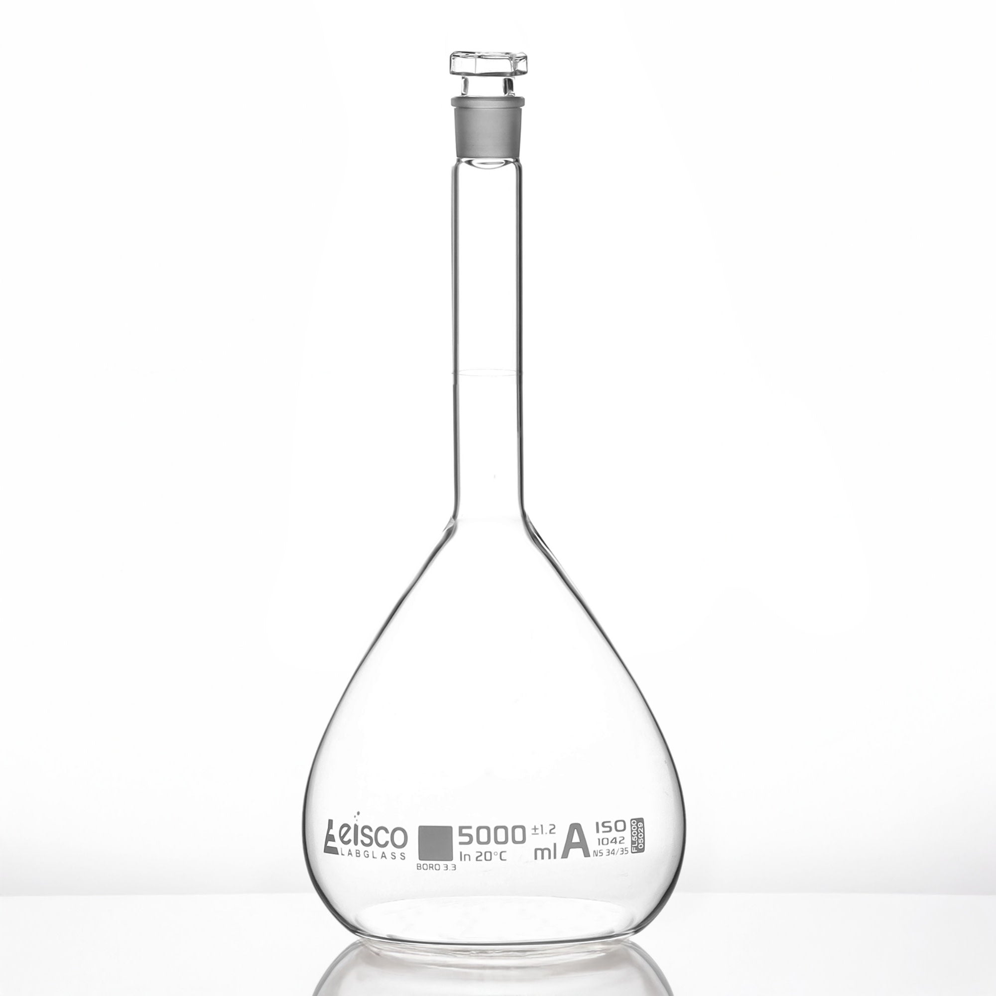 Class A Volumetric Flask with Hollow Glass Stopper and Certificate, 5000mL, White Graduations, Borosilicate Glass
