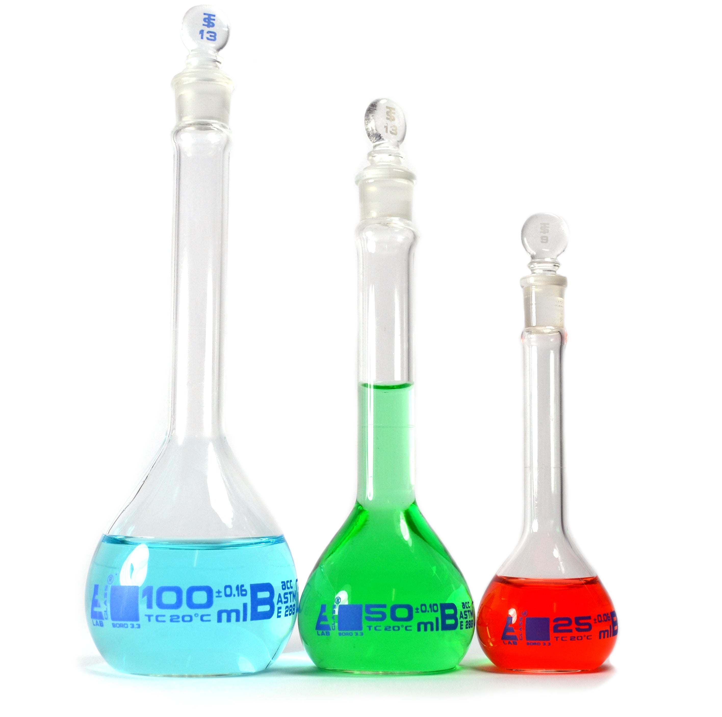 ASTM Class B 3-Piece Volumetric Flask Set with Glass Stoppers, 25/50/100mL, Blue Graduations, Borosilicate Glass