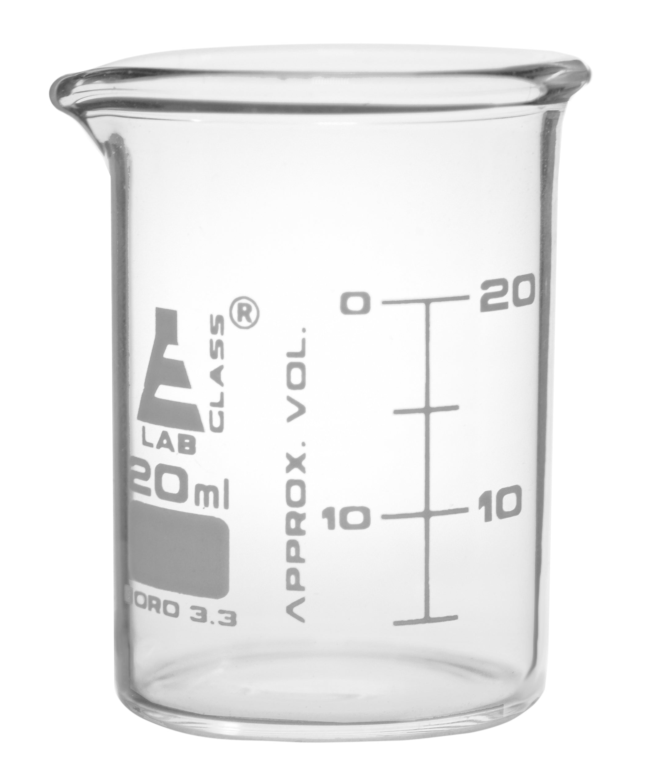 ASTM Low Form Beaker with Spout, 20mL, Dual-Scale White Graduations, Borosilicate Glass