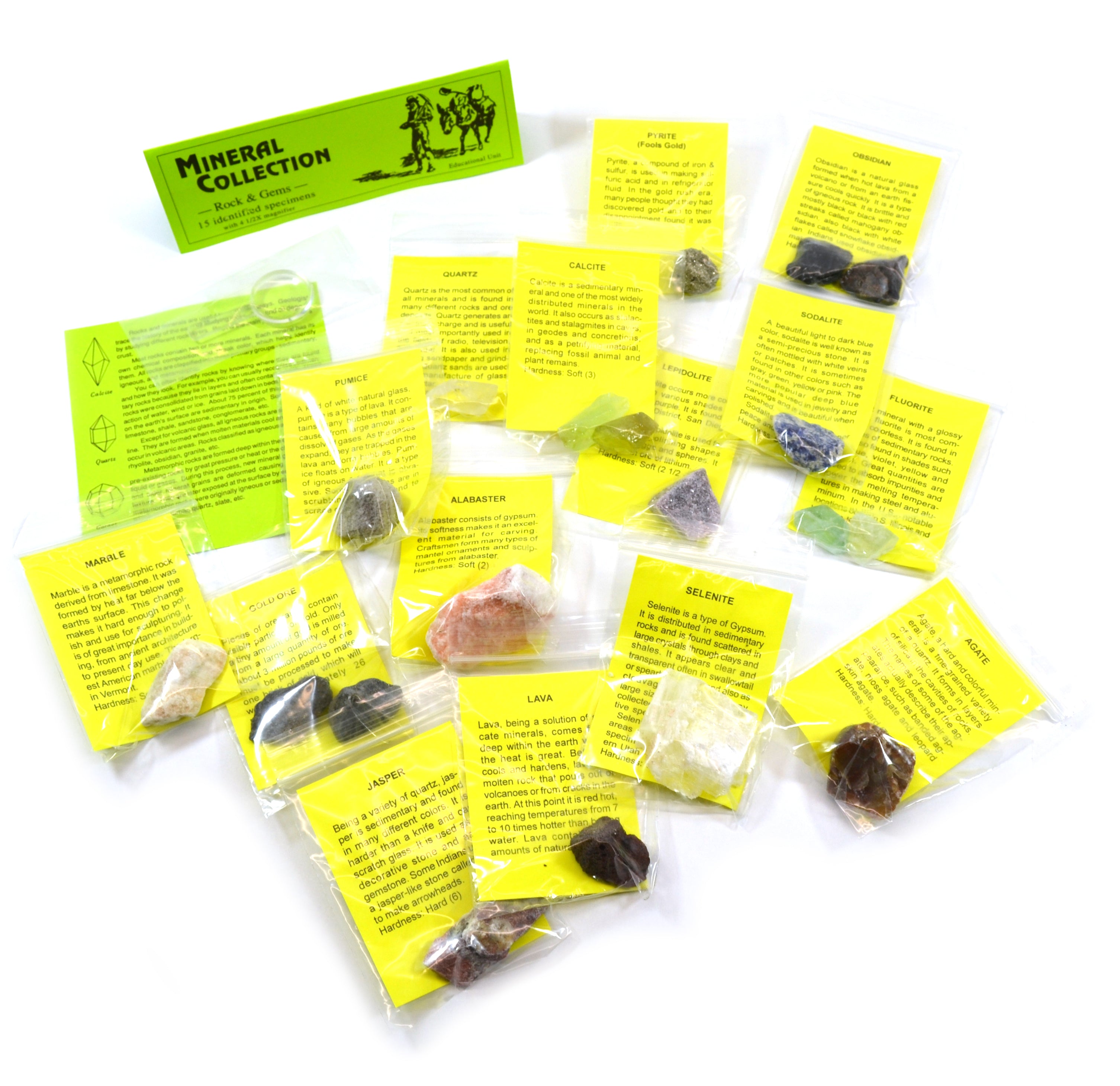 Premium 15-Piece Identified Mineral Collection with 4.5x Hand Lens
