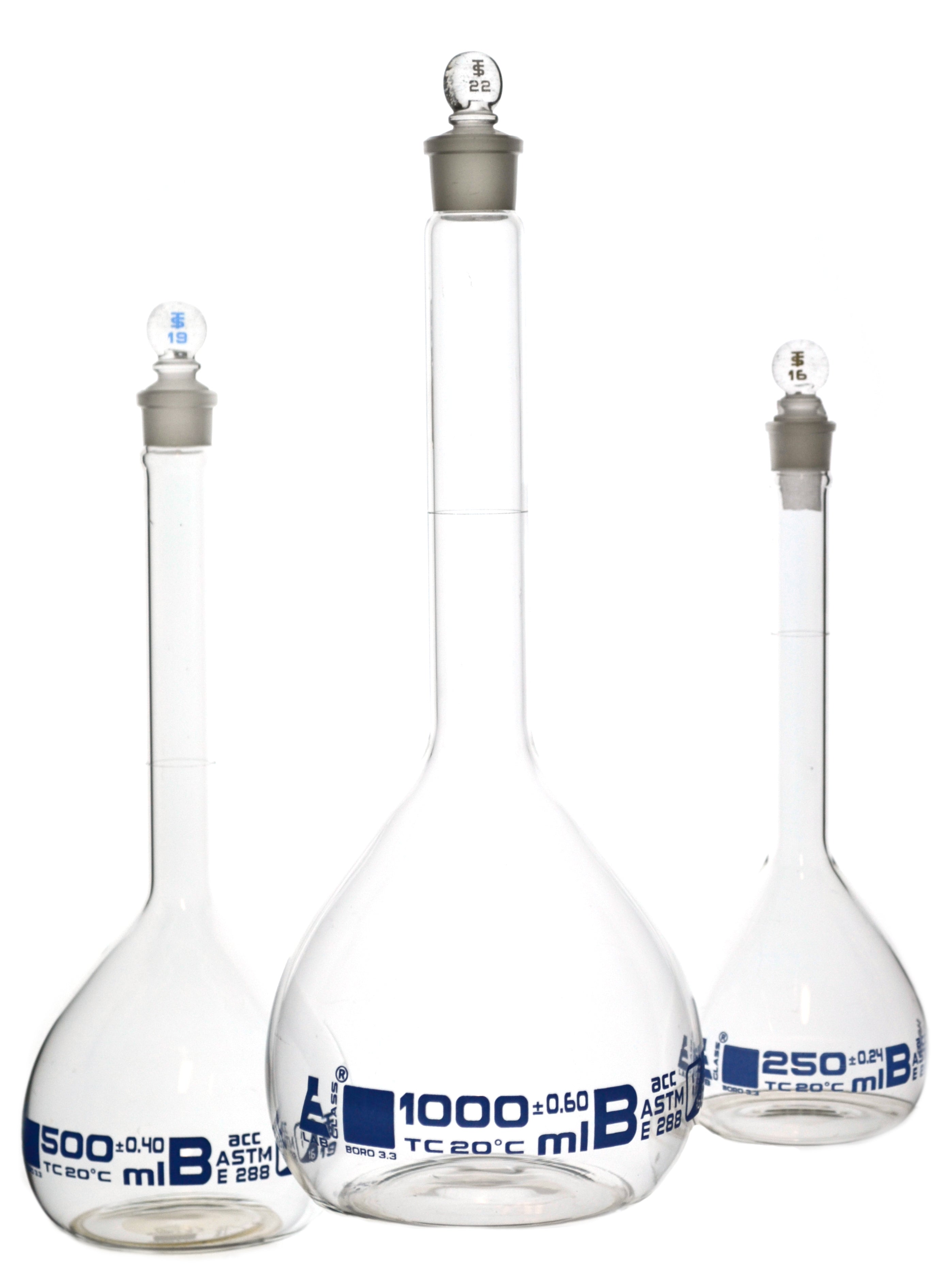 Class B Borosilicate Glass Volumetric Flask Set, 3-Piece, 250-1000mL