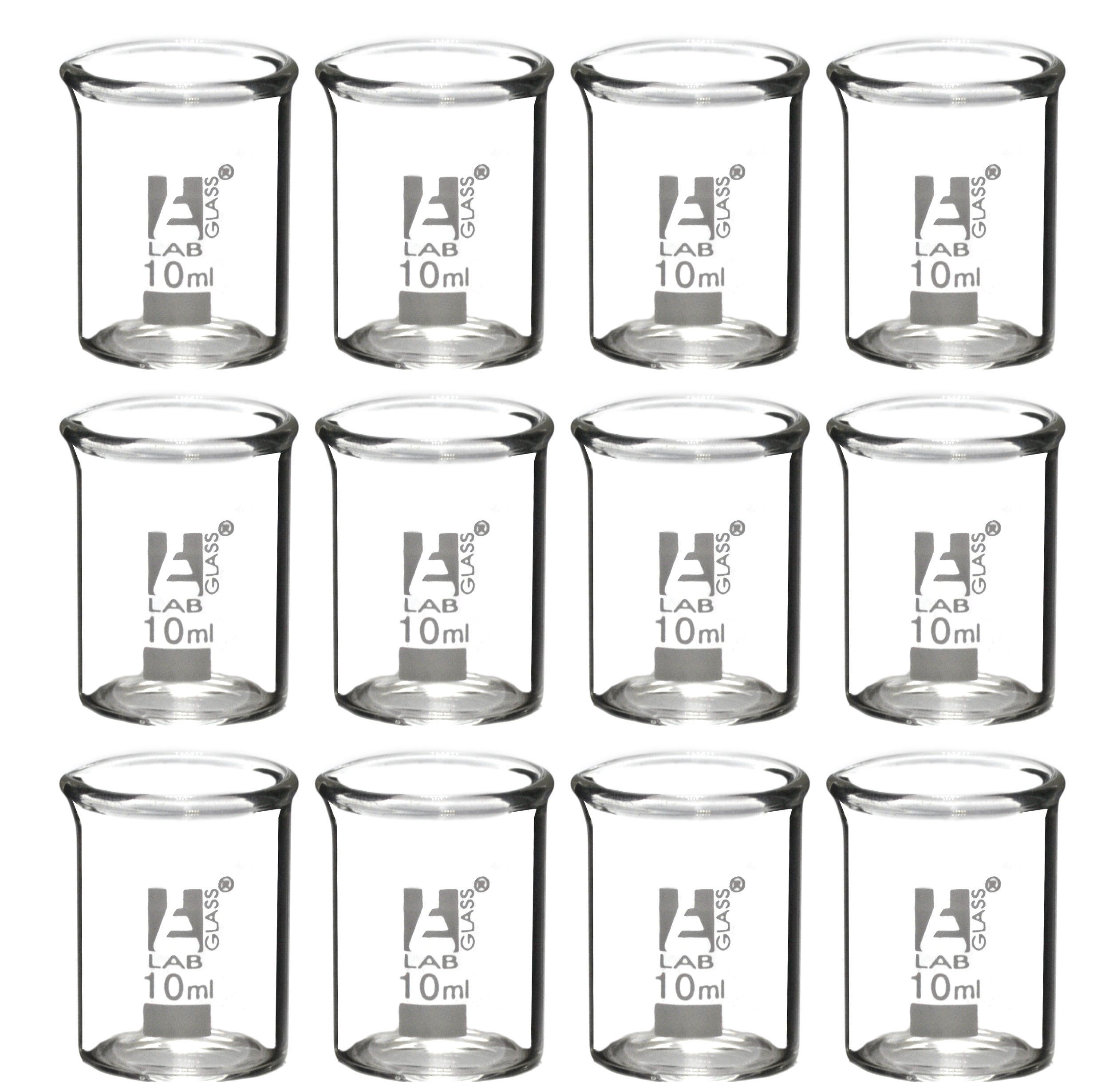 12-Pack Low Form Griffin Beakers with Spout, Ungraduated, 10mL, Borosilicate 3.3 Glass