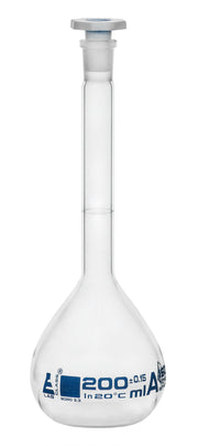 Class A Volumetric Flask with 14/23 Polypropylene Stopper and Calibration Certificate, 200mL, White Graduations, Borosilicate Glass