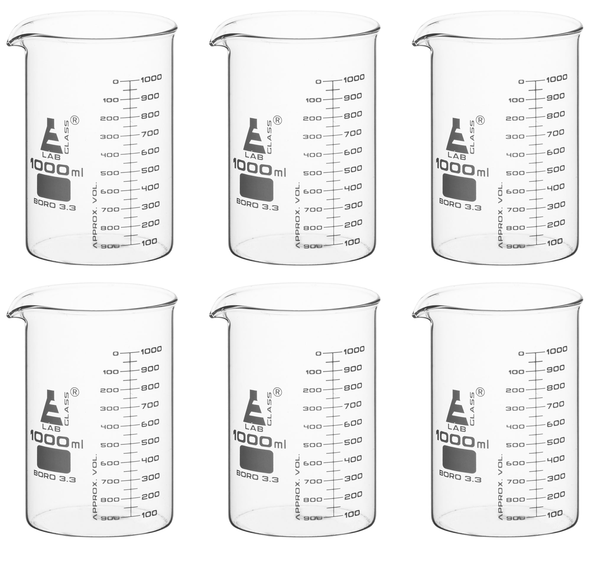 ASTM Low Form Borosilicate Glass Beaker with Dual Scale, 6-Pack