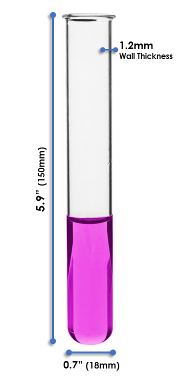 100PK Test Tubes, 25mL, 18x150mm - Rimmed - Light Wall, 1.2mm Thick - Borosilicate 3.3 Glass