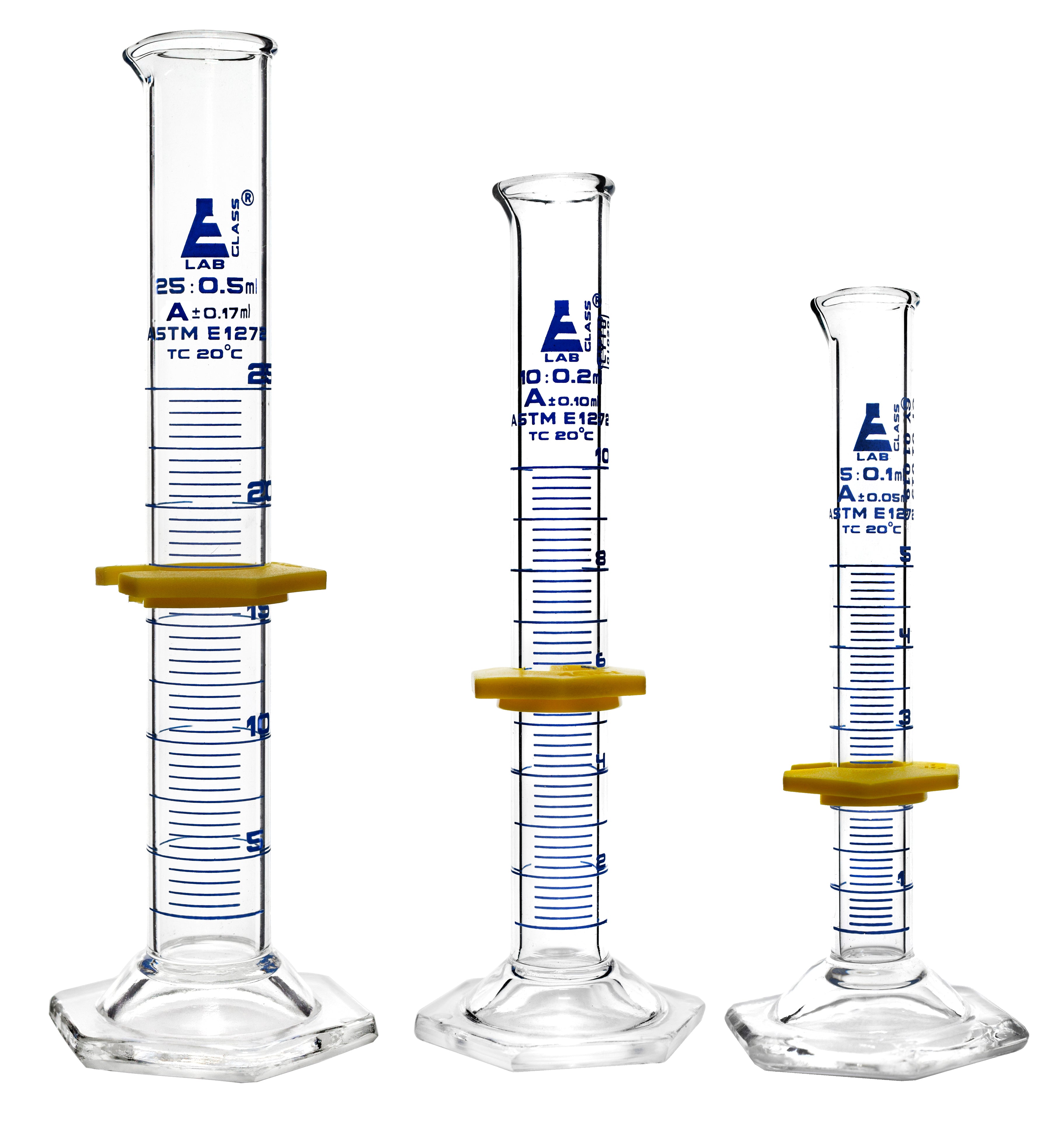 ASTM Class A 3-Piece Graduated Cylinder Set with Protective Collars and Hexagonal Base, 5-25mL, Borosilicate 3.3 Glass