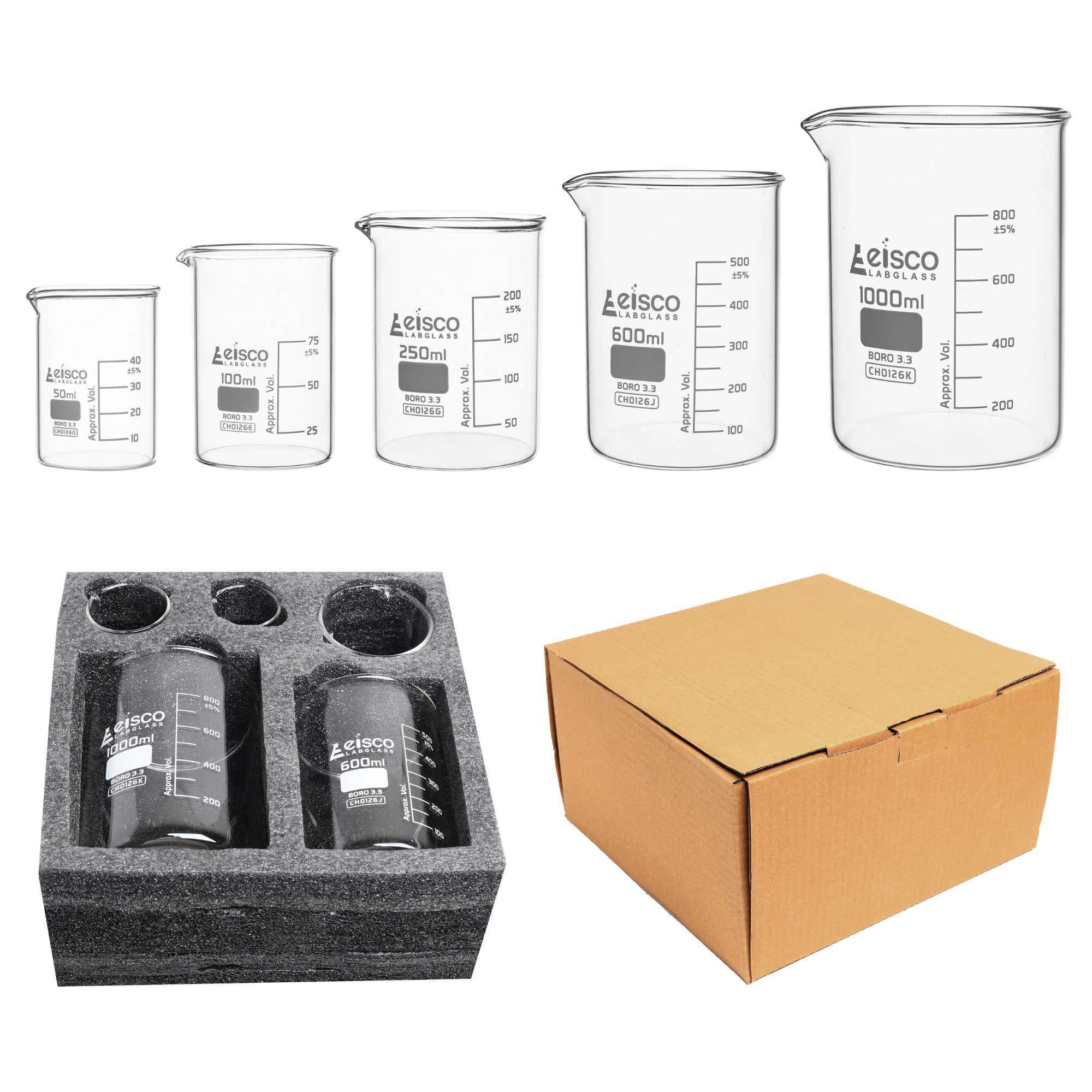 5-Piece Low Form Premium Beaker Set, 50/100/250/600/1000mL, White Graduations, Borosilicate Glass