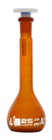 Class A Volumetric Flask with 10/19 Polypropylene Stopper and Eisco Labs Branding, 25mL, Blue Graduations, Borosilicate Glass
