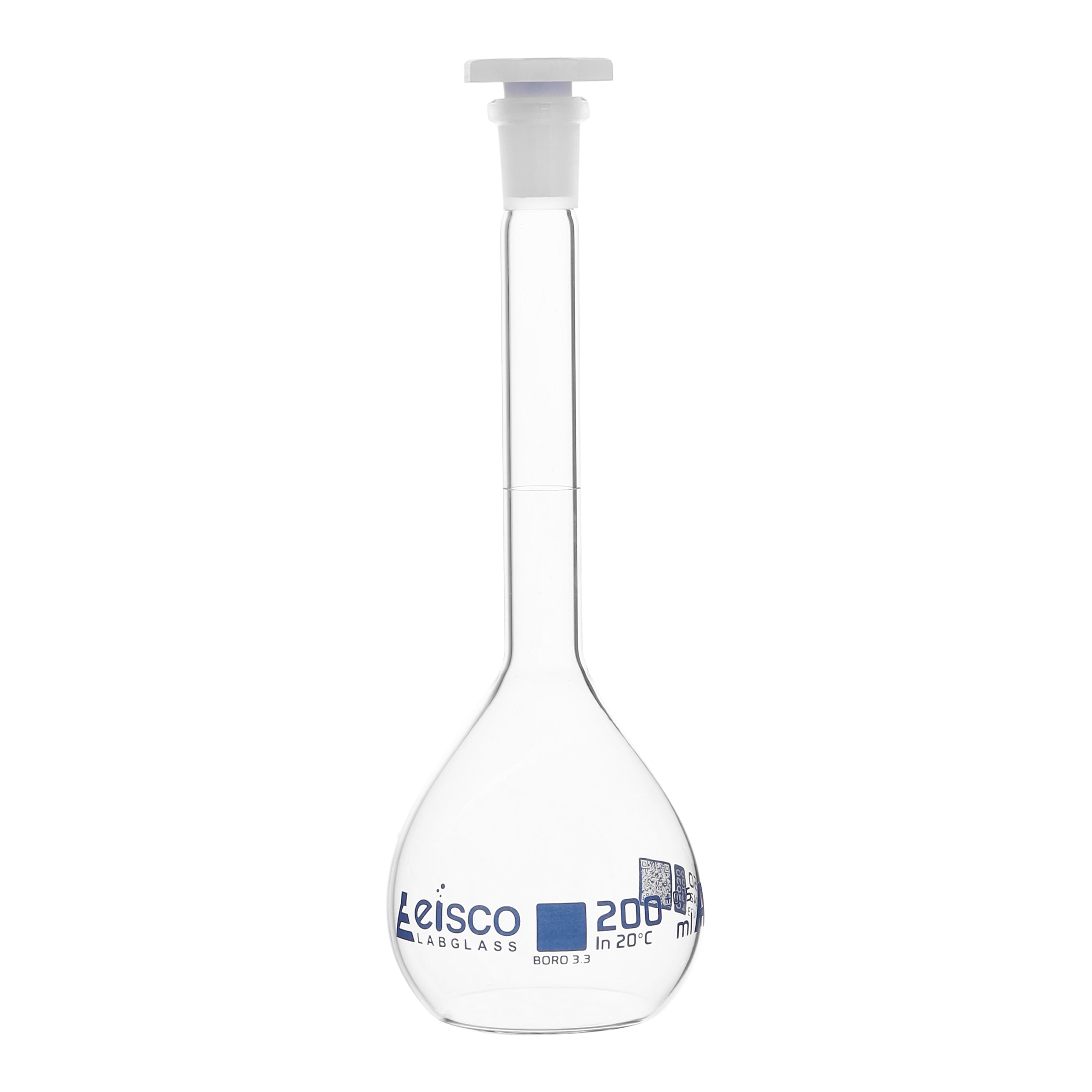 Class A Borosilicate Glass Volumetric Flask with Polyethylene Stopper, QR Certificate