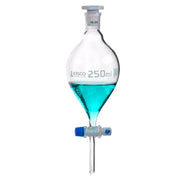 Eisco - Separating Funnel, 250ml, Pressure Equalizing, Pear Shaped - 19/26 Plastic Stopper, PTFE Key Stopcock, Borosilicate Glass