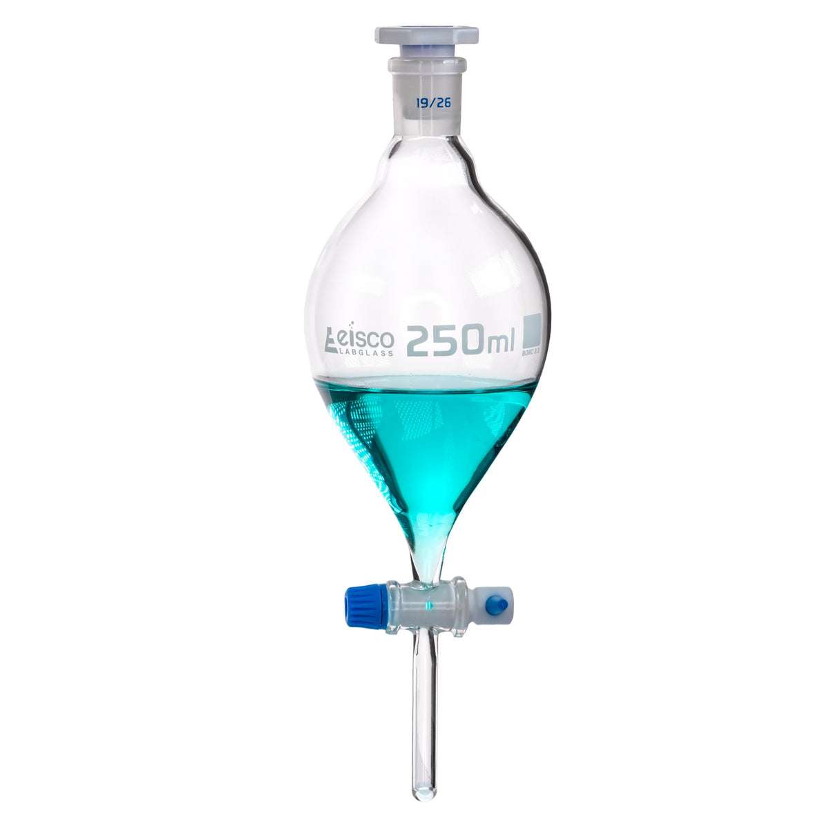 Eisco - Separating Funnel, 250ml, Pressure Equalizing, Pear Shaped - 19/26 Plastic Stopper, PTFE Key Stopcock, Borosilicate Glass