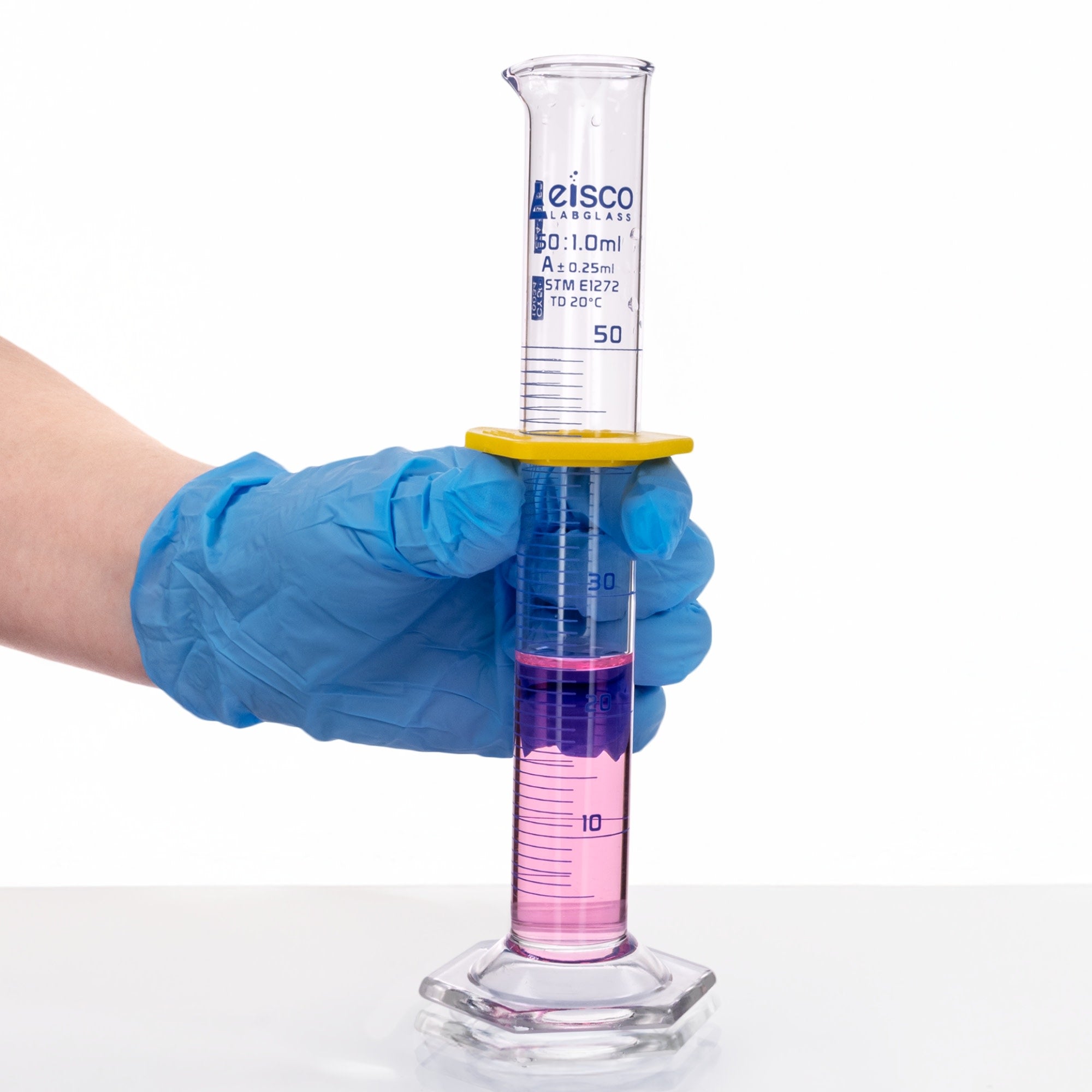 ASTM E1272 Class A Serialized Graduated Cylinder with Hex Base and Guard, 50mL, Autoclavable, Borosilicate 3.3 Glass