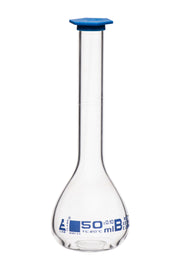 ASTM Class B Volumetric Flask with Blue Snap Cap, 50mL, White Graduations, Borosilicate Glass