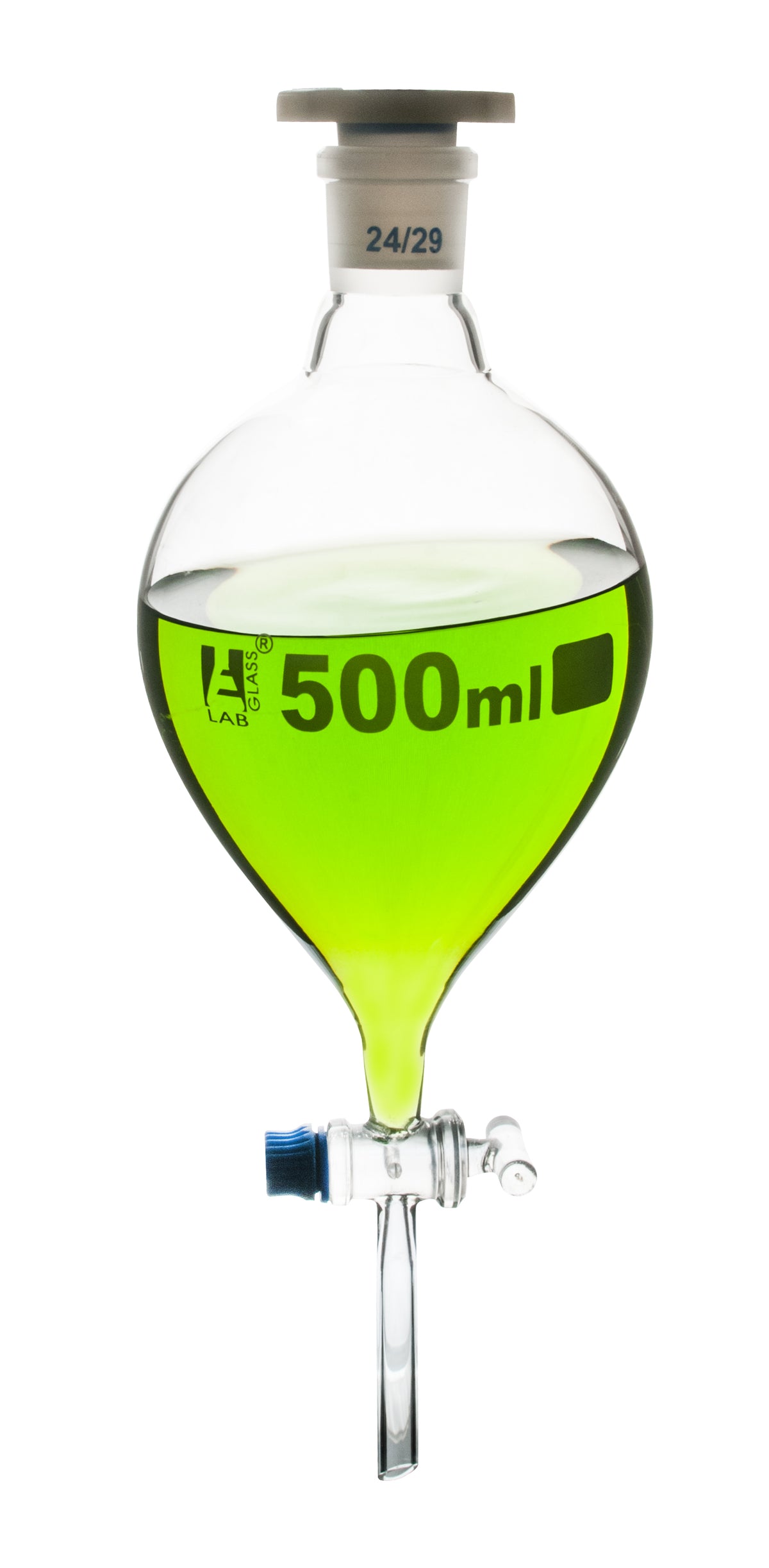 Dropping Funnel, 500mL - Pear-Shaped - With 24/29 Plastic Stopper & Glass Key Stopcock - Borosilicate Glass