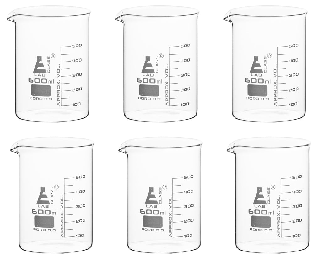 Low Form Borosilicate Glass Beaker with Spout, 6-Pack