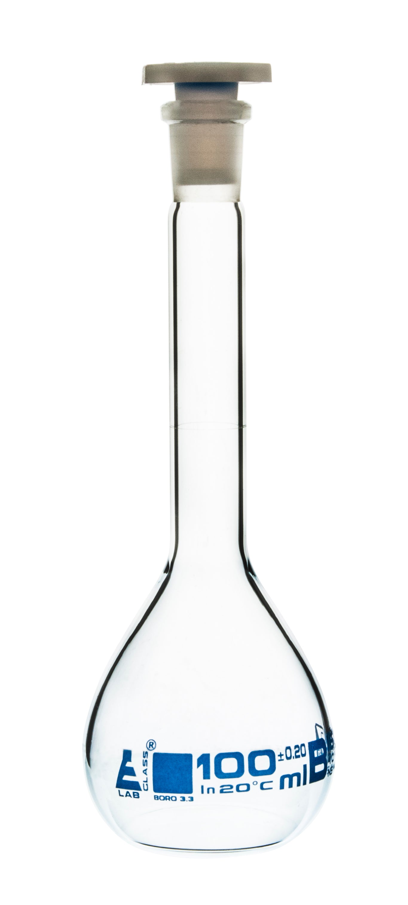 Class B Borosilicate Glass Volumetric Flask with Polyethylene Stopper, Blue Graduations