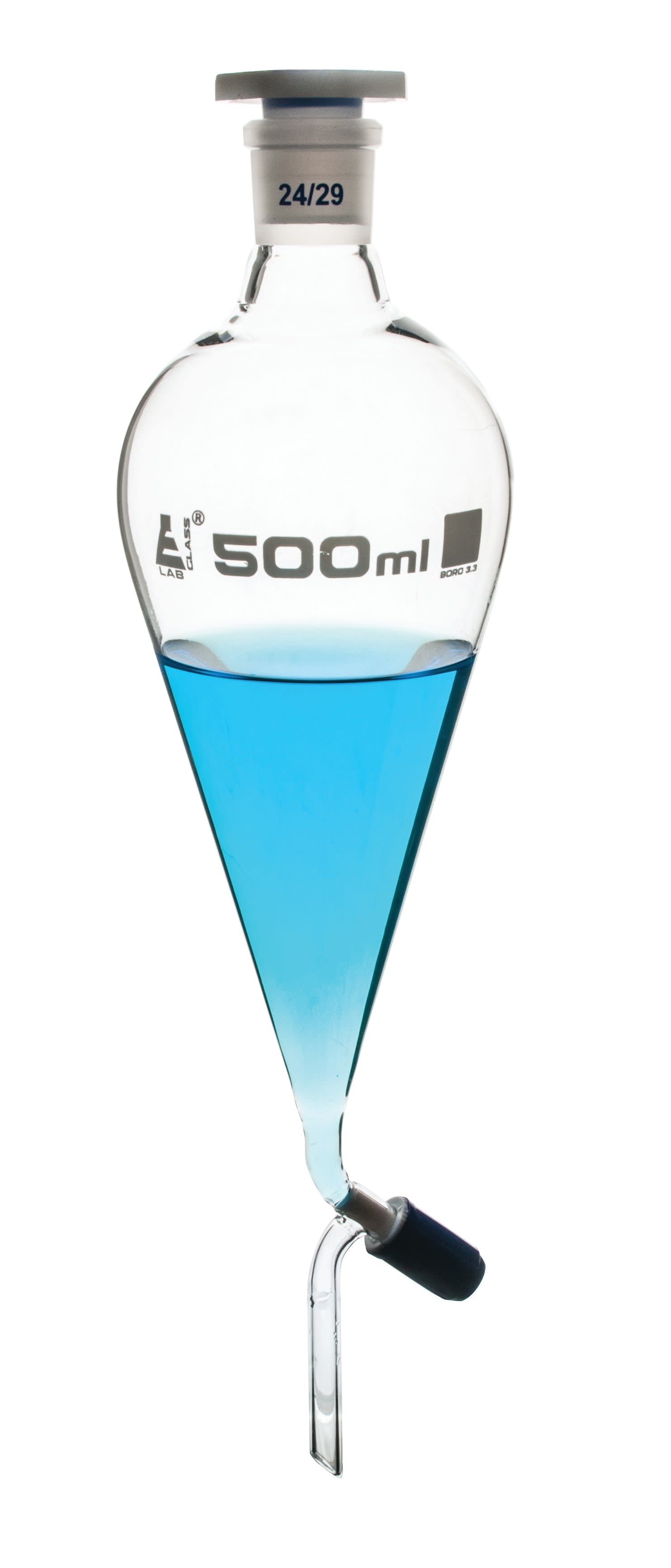 Pear-Shaped Squibb Separatory Funnel with Rotaflow Stopcock and 24/29 Plastic Stopper, 500mL, Borosilicate Glass